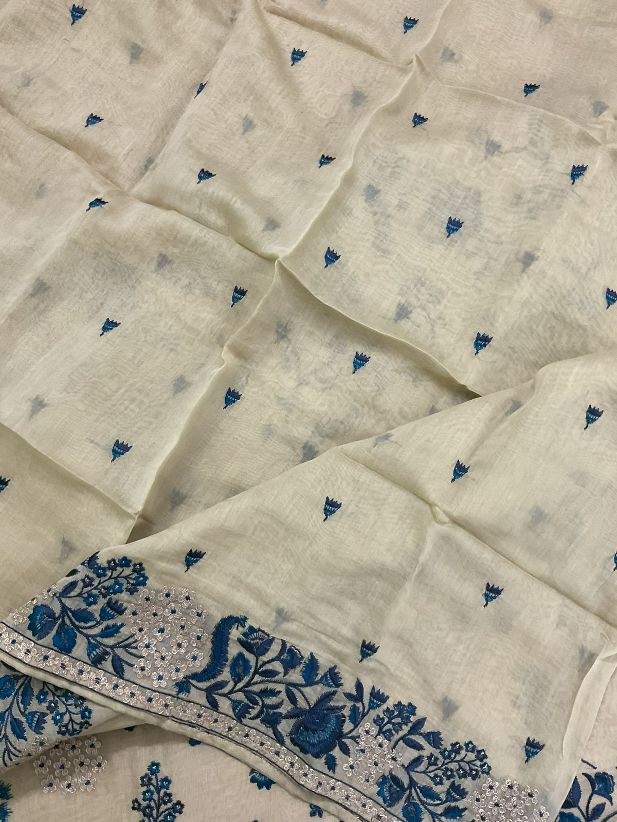 Pure Mul Chanderi Embroidered Suit - Beige