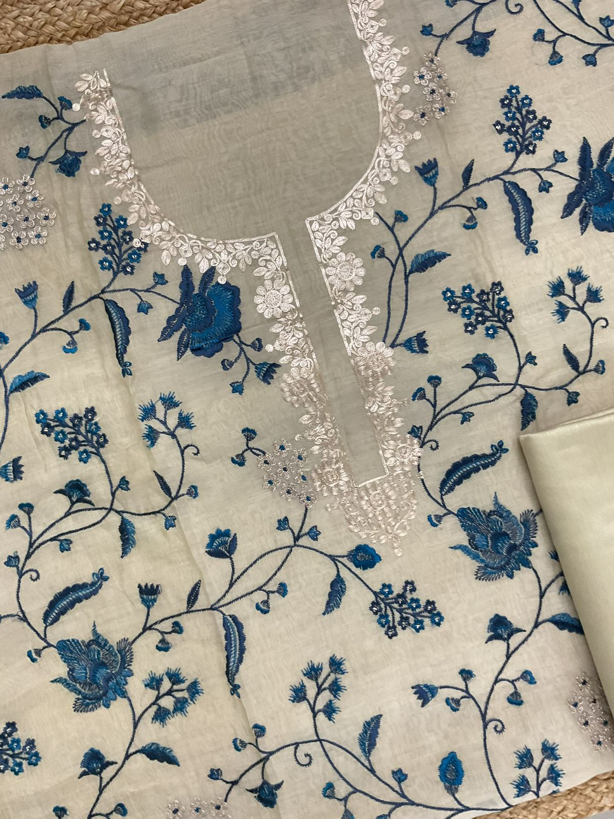 Pure Mul Chanderi Embroidered Suit - Beige