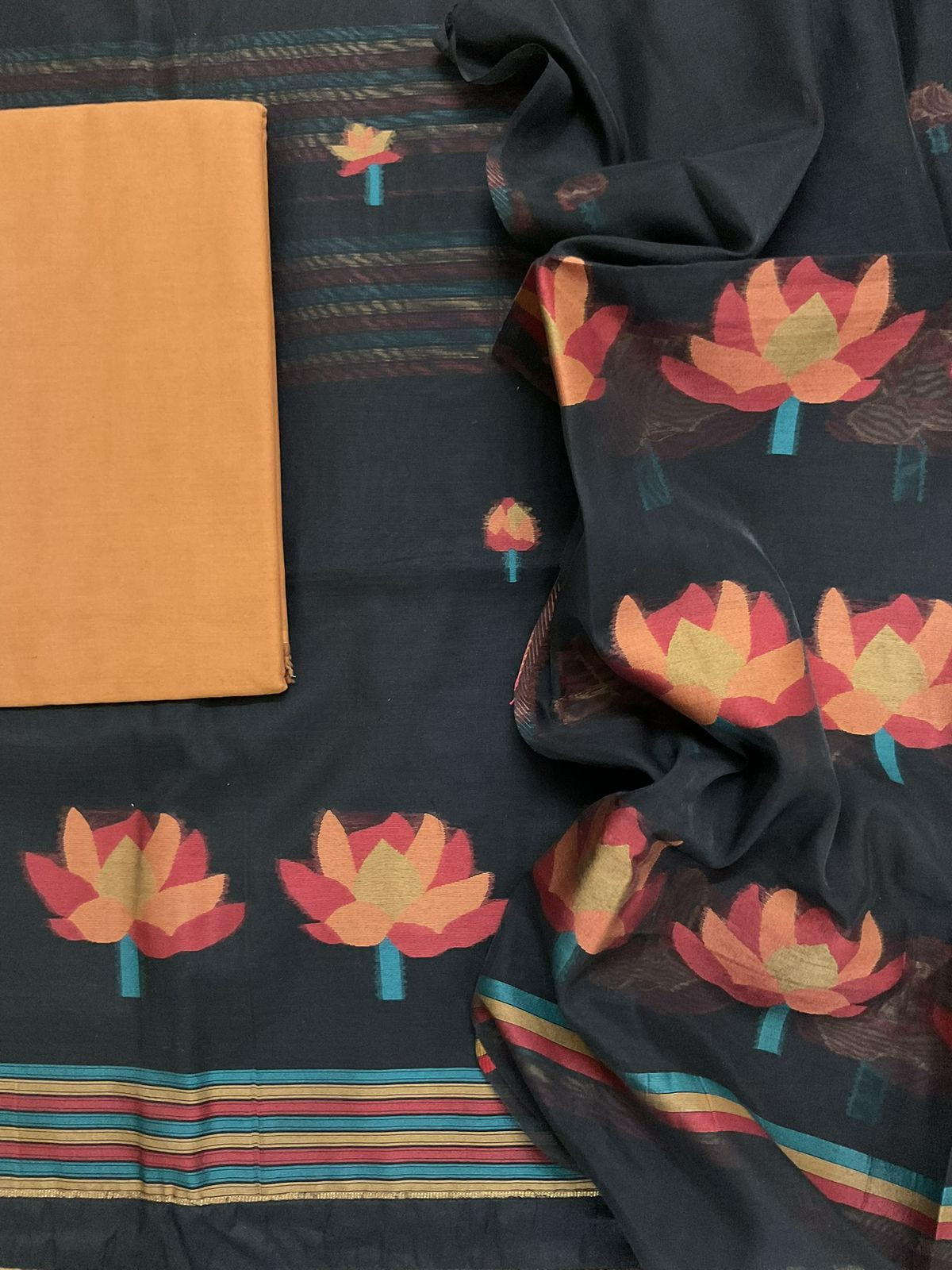 Soft Kora Chanderi Jamdani Weaved Suit - Black