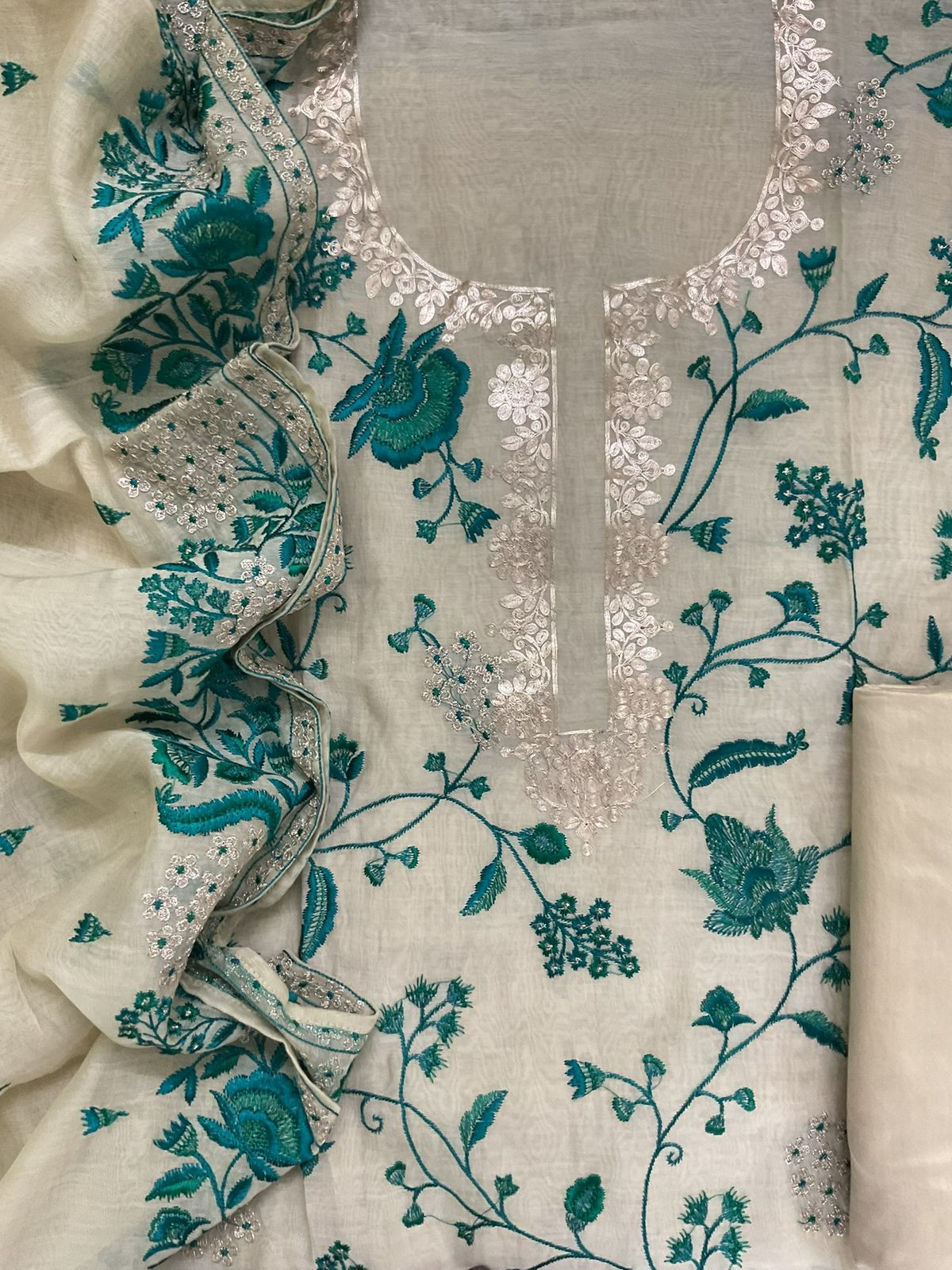 Pure Mul Chanderi Embroidered Suit - Beige