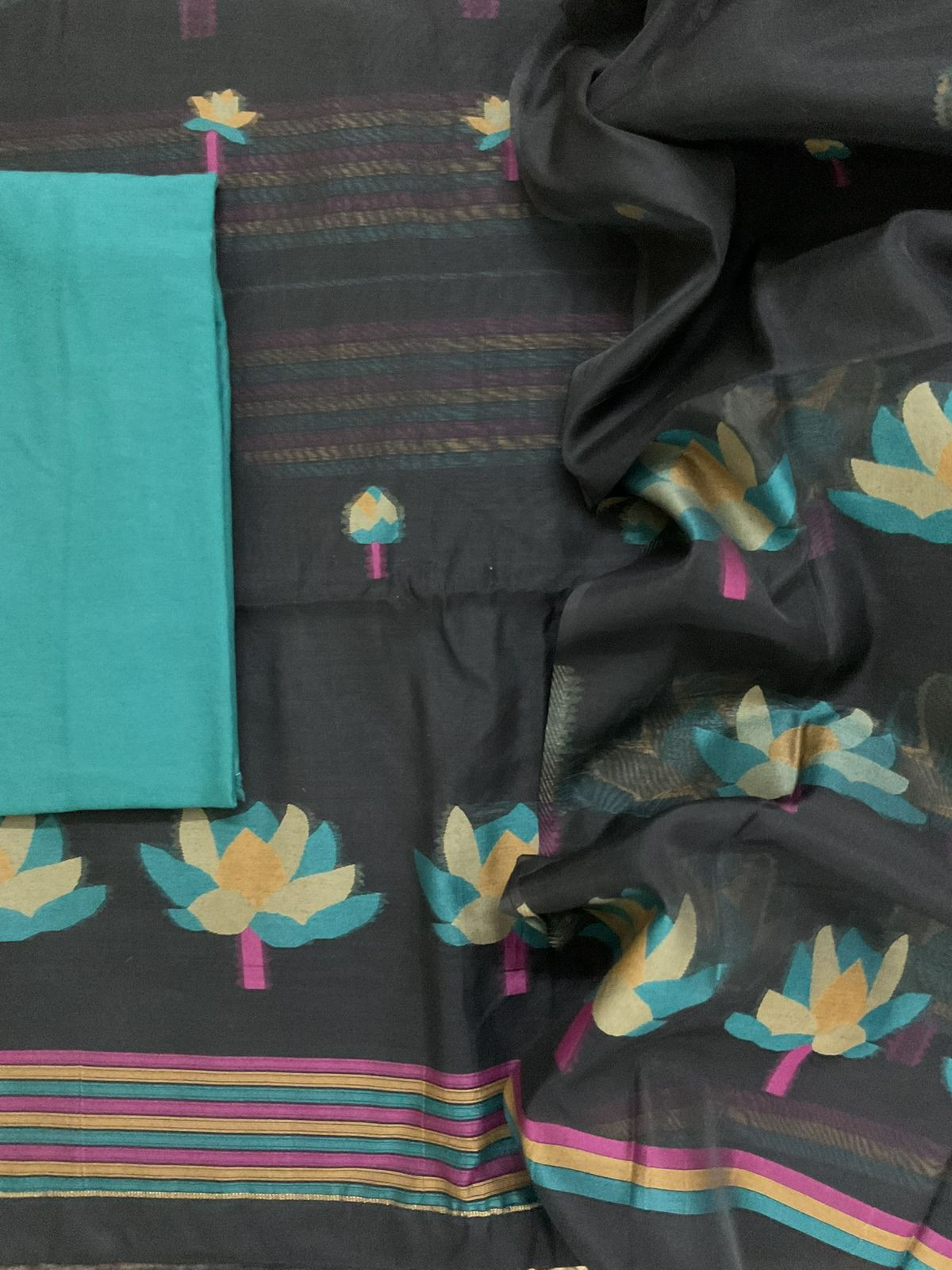 Soft Kora Chanderi Jamdani Weaved Suit - Black