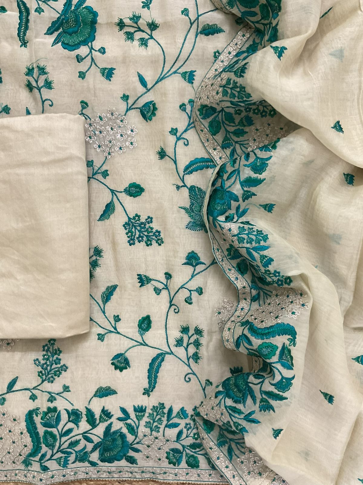 Pure Mul Chanderi Embroidered Suit - Beige