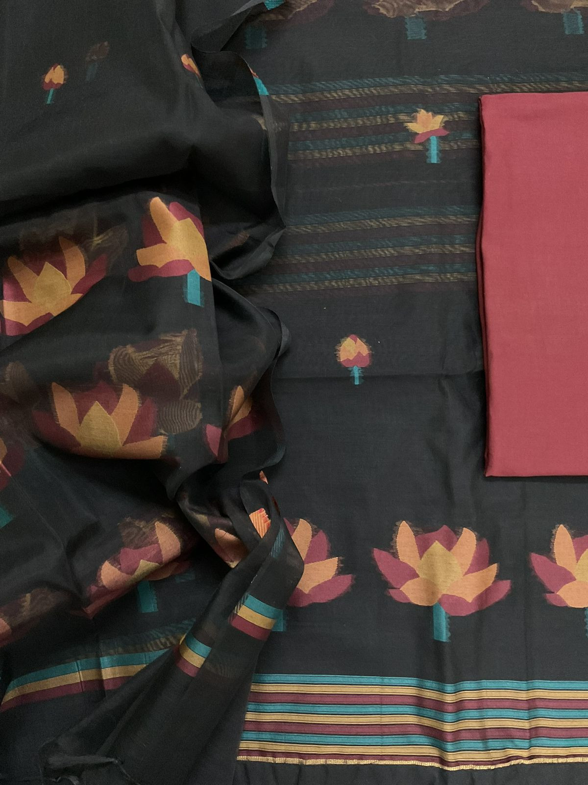 Soft Kora Chanderi Jamdani Weaved Suit - Black