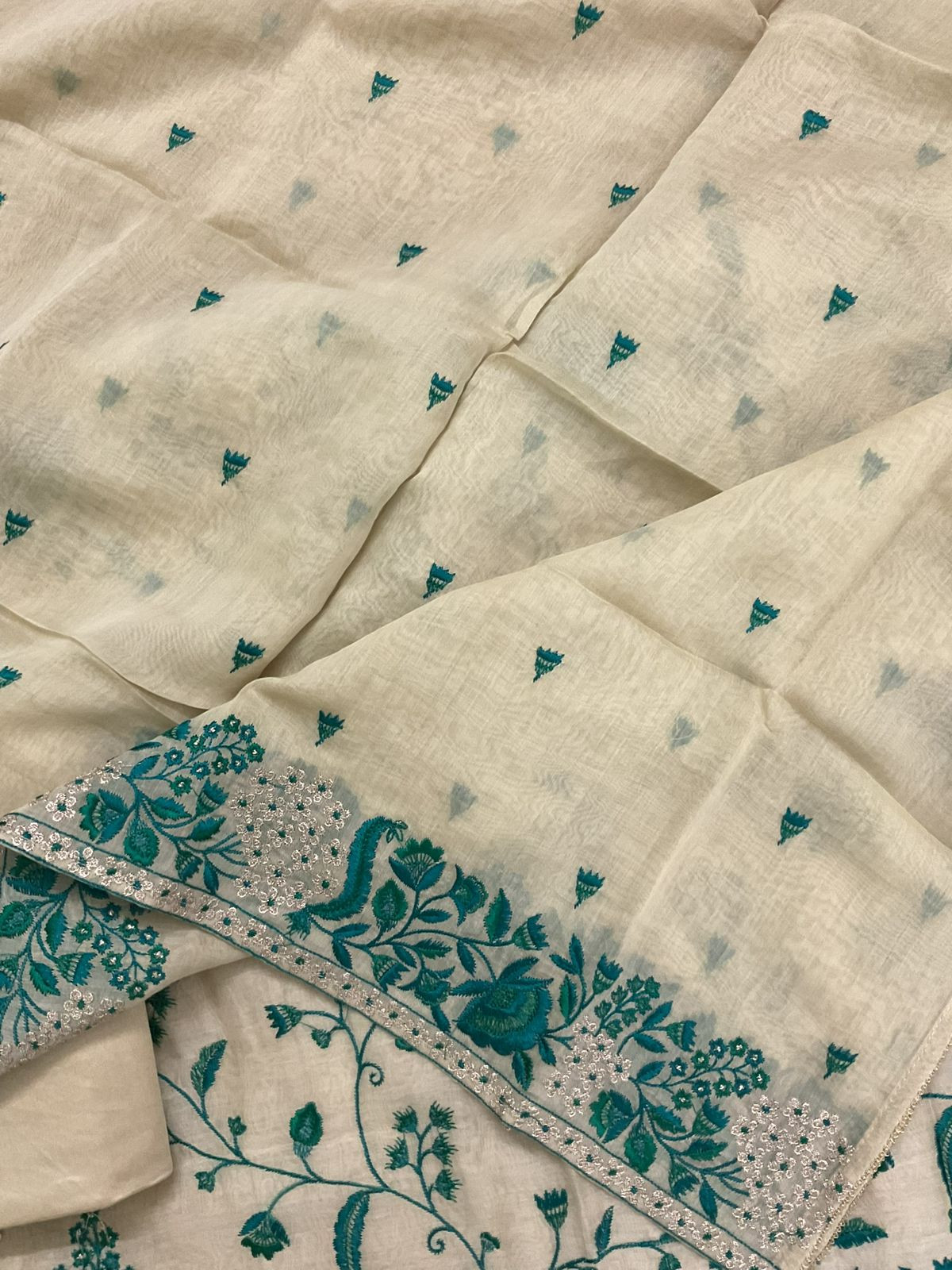 Pure Mul Chanderi Embroidered Suit - Beige