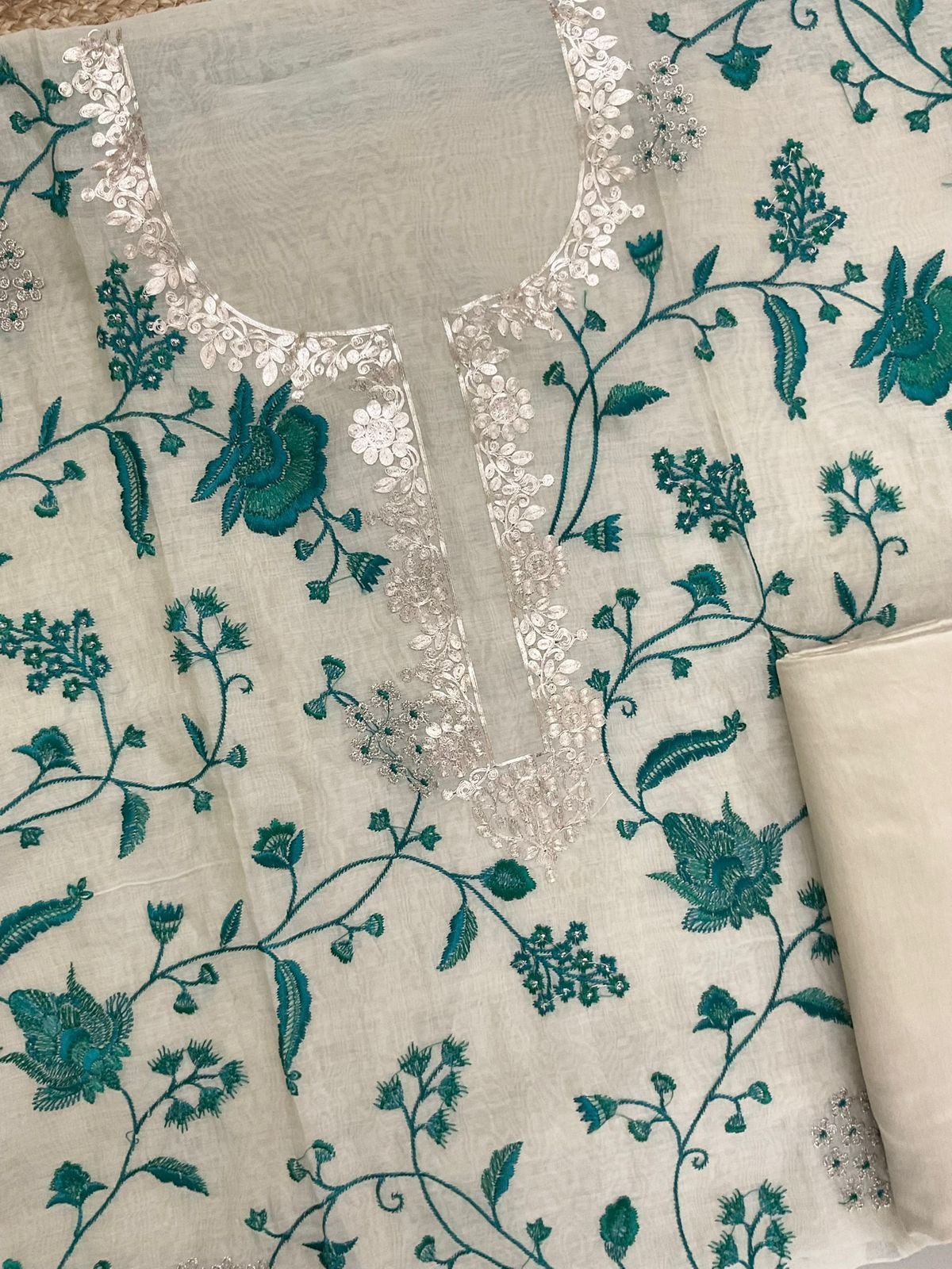 Pure Mul Chanderi Embroidered Suit - Beige