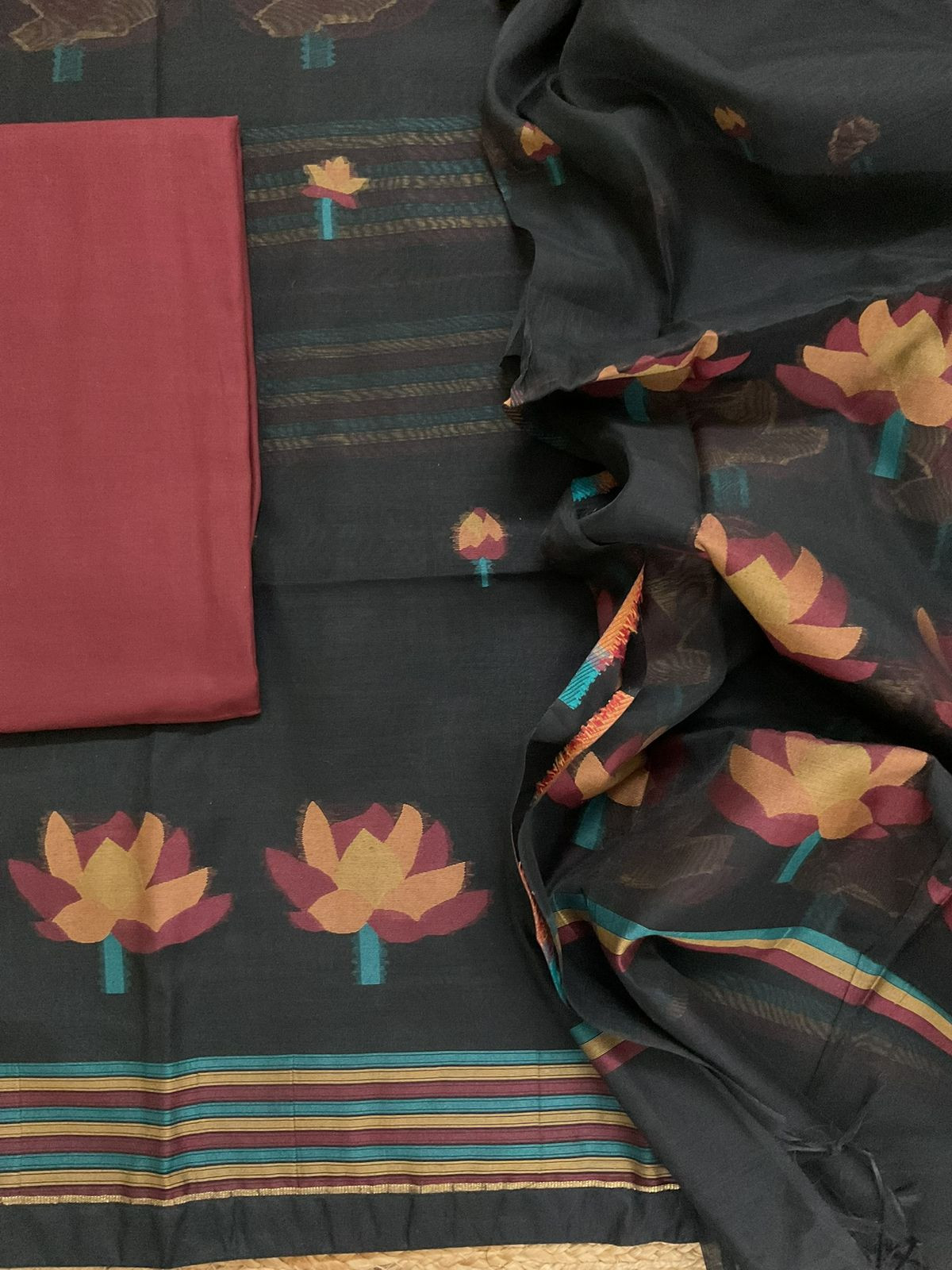 Soft Kora Chanderi Jamdani Weaved Suit - Black