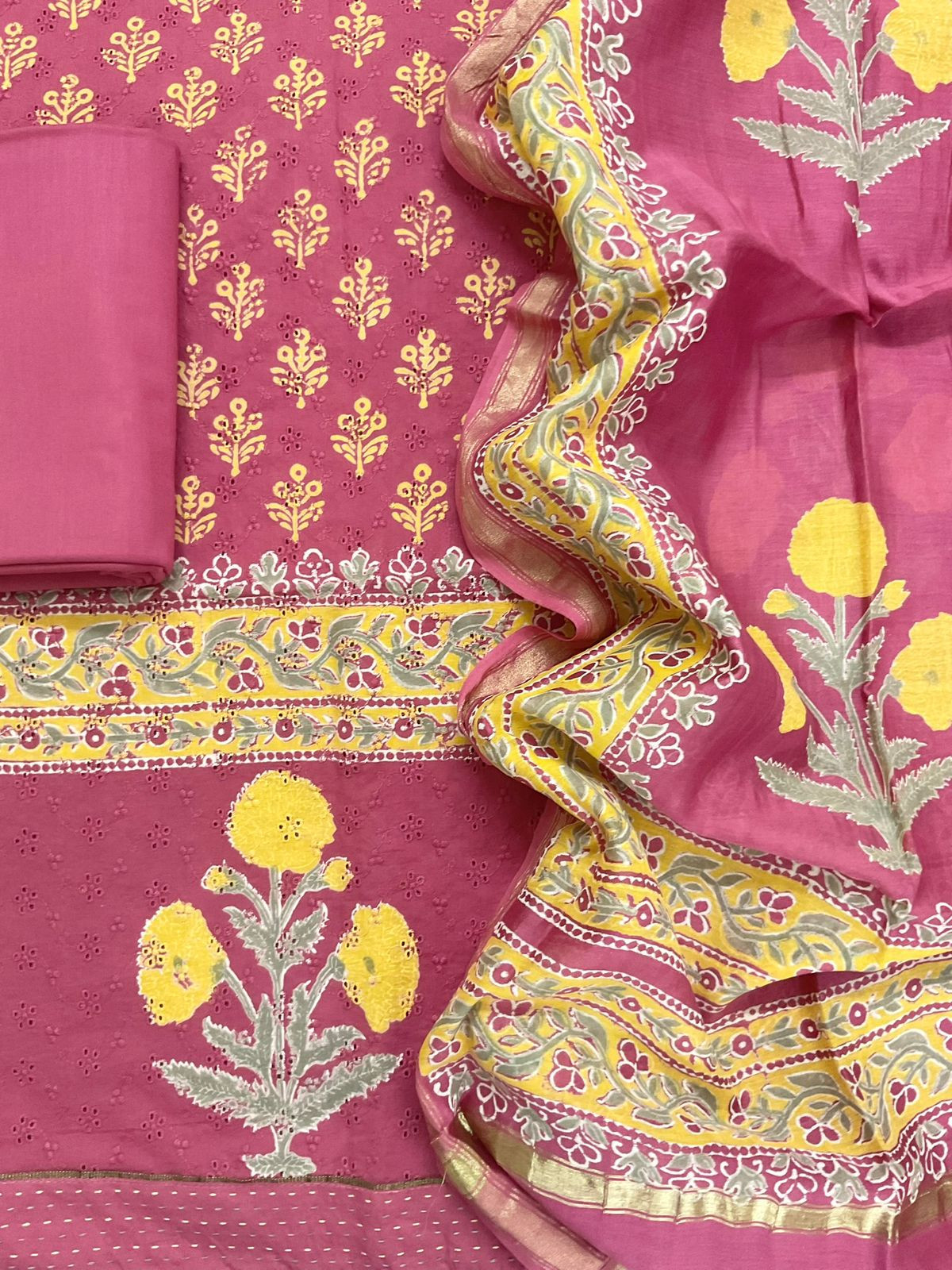 Pure Hakoba Cotton Printed Embroidered Suit - Pink