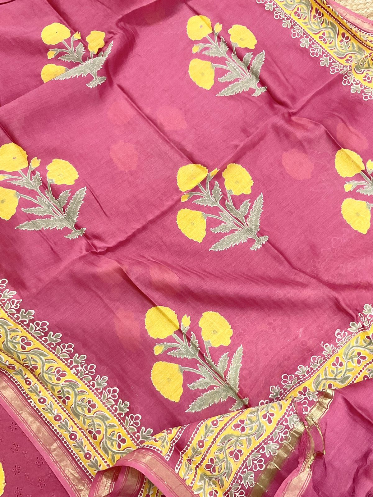 Pure Hakoba Cotton Printed Embroidered Suit - Pink