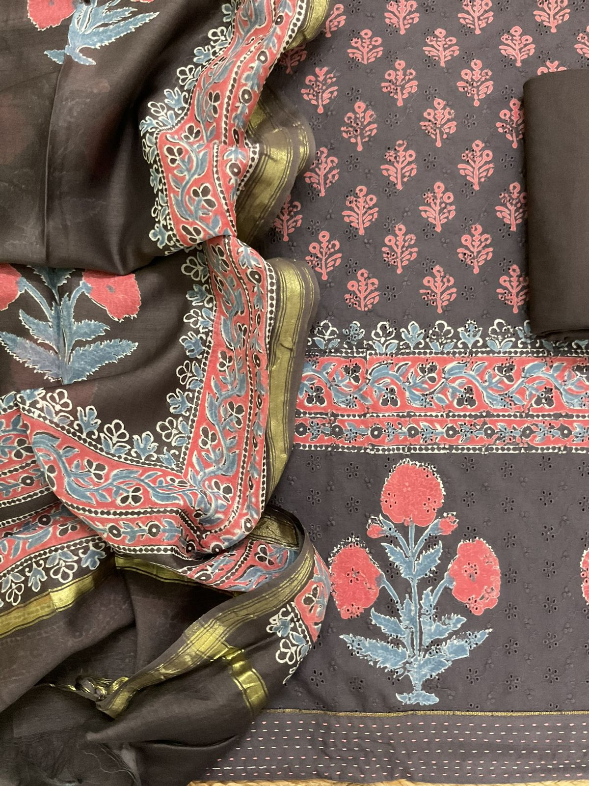 Pure Hakoba Cotton Printed Embroidered Suit - Brown