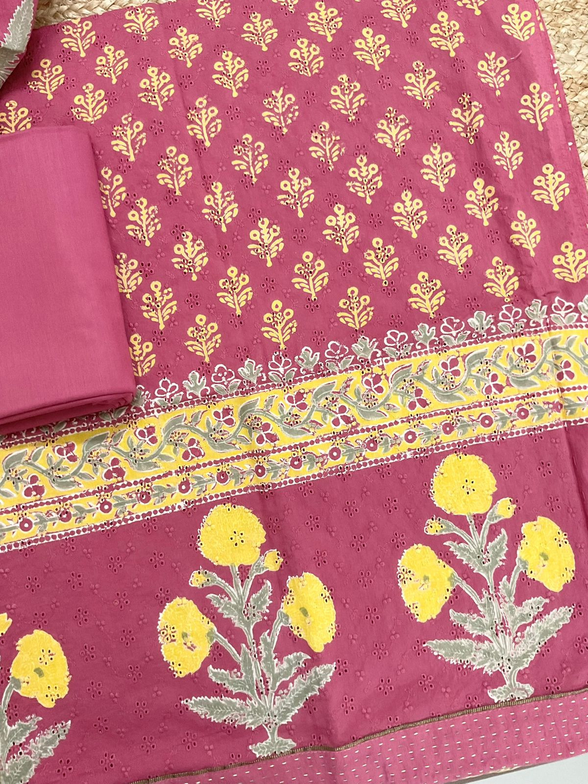 Pure Hakoba Cotton Printed Embroidered Suit - Pink