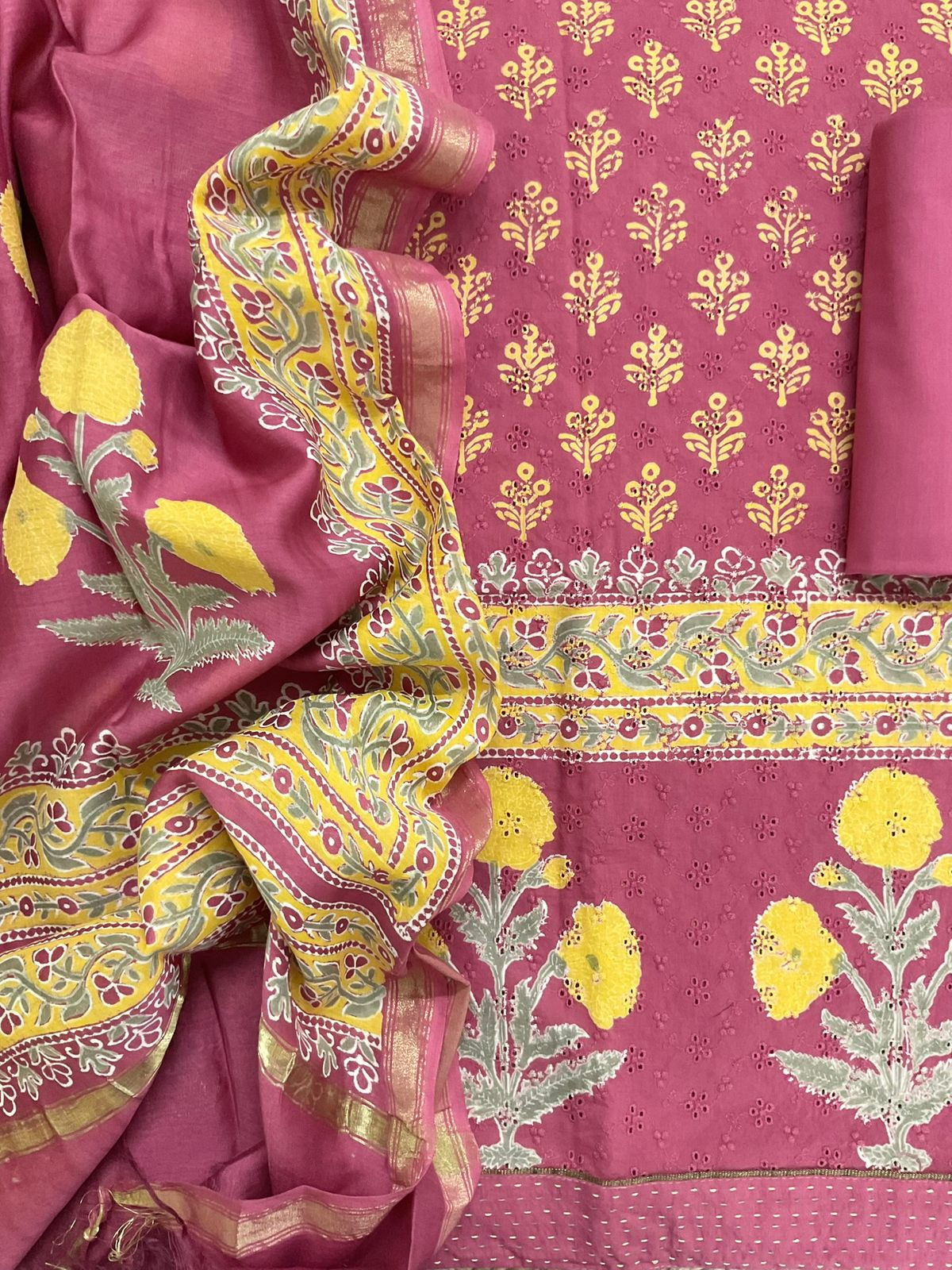 Pure Hakoba Cotton Printed Embroidered Suit - Pink