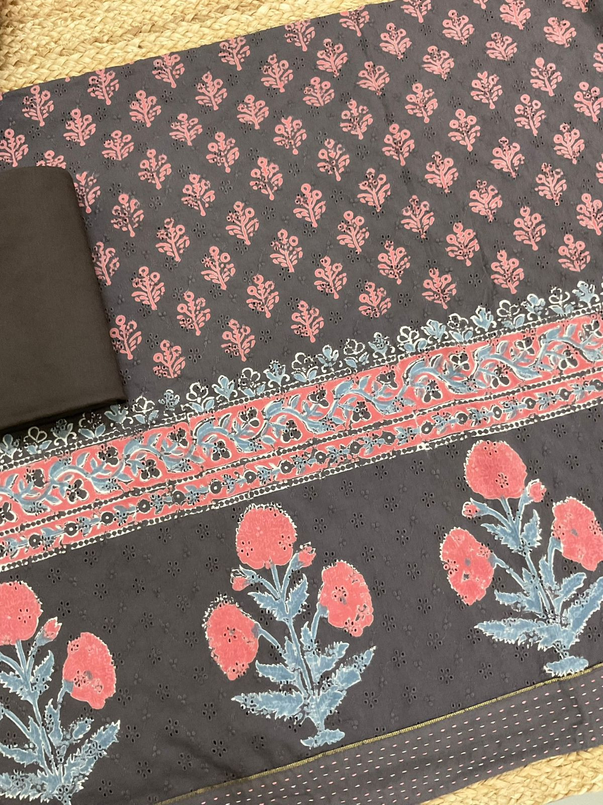 Pure Hakoba Cotton Printed Embroidered Suit - Brown