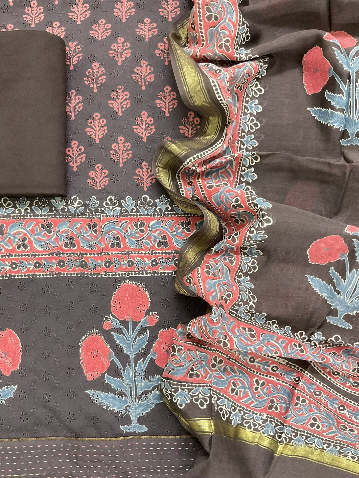 Pure Hakoba Cotton Printed Embroidered Suit - Brown