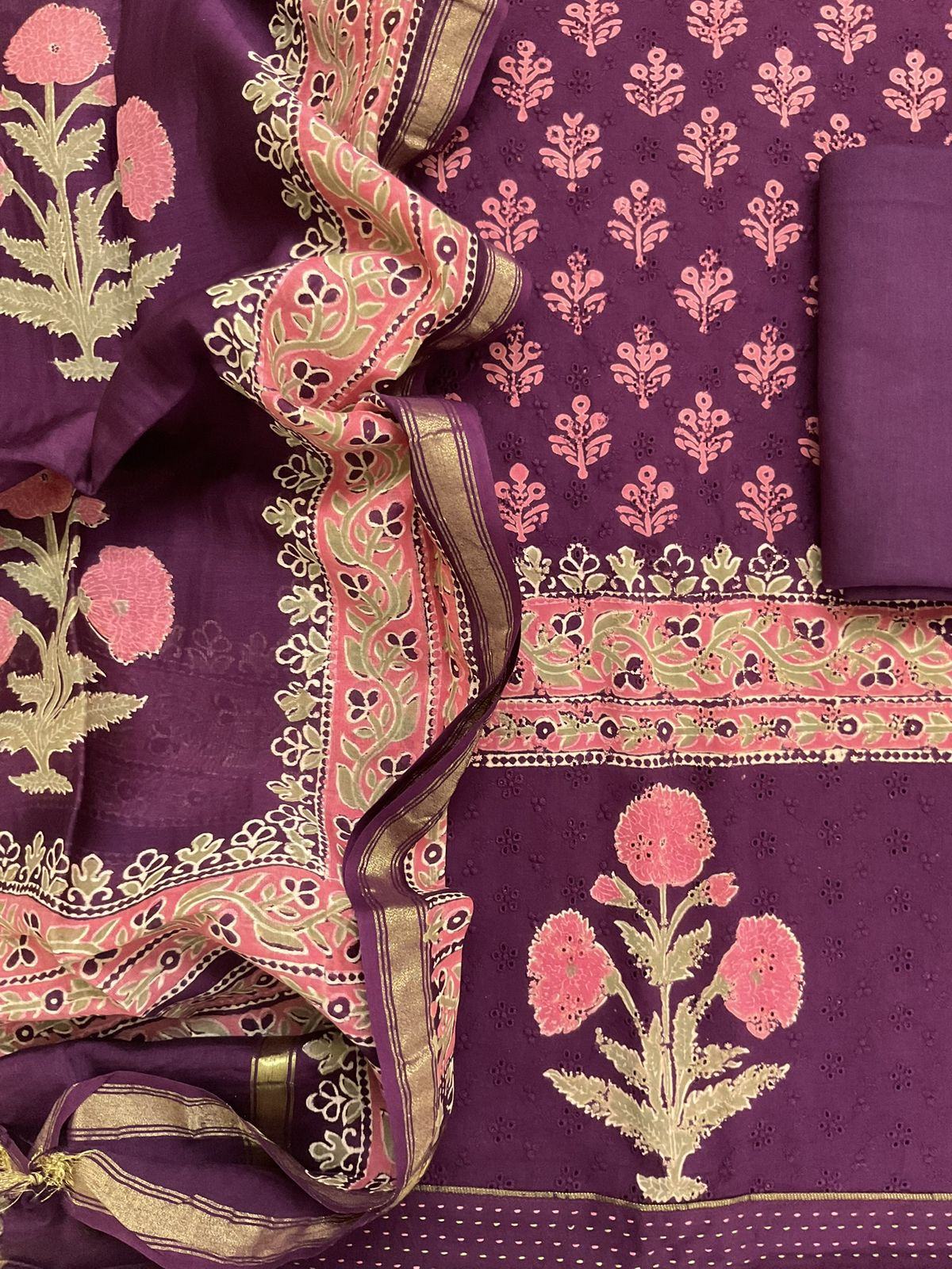 Pure Hakoba Cotton Printed Embroidered Suit - Wine