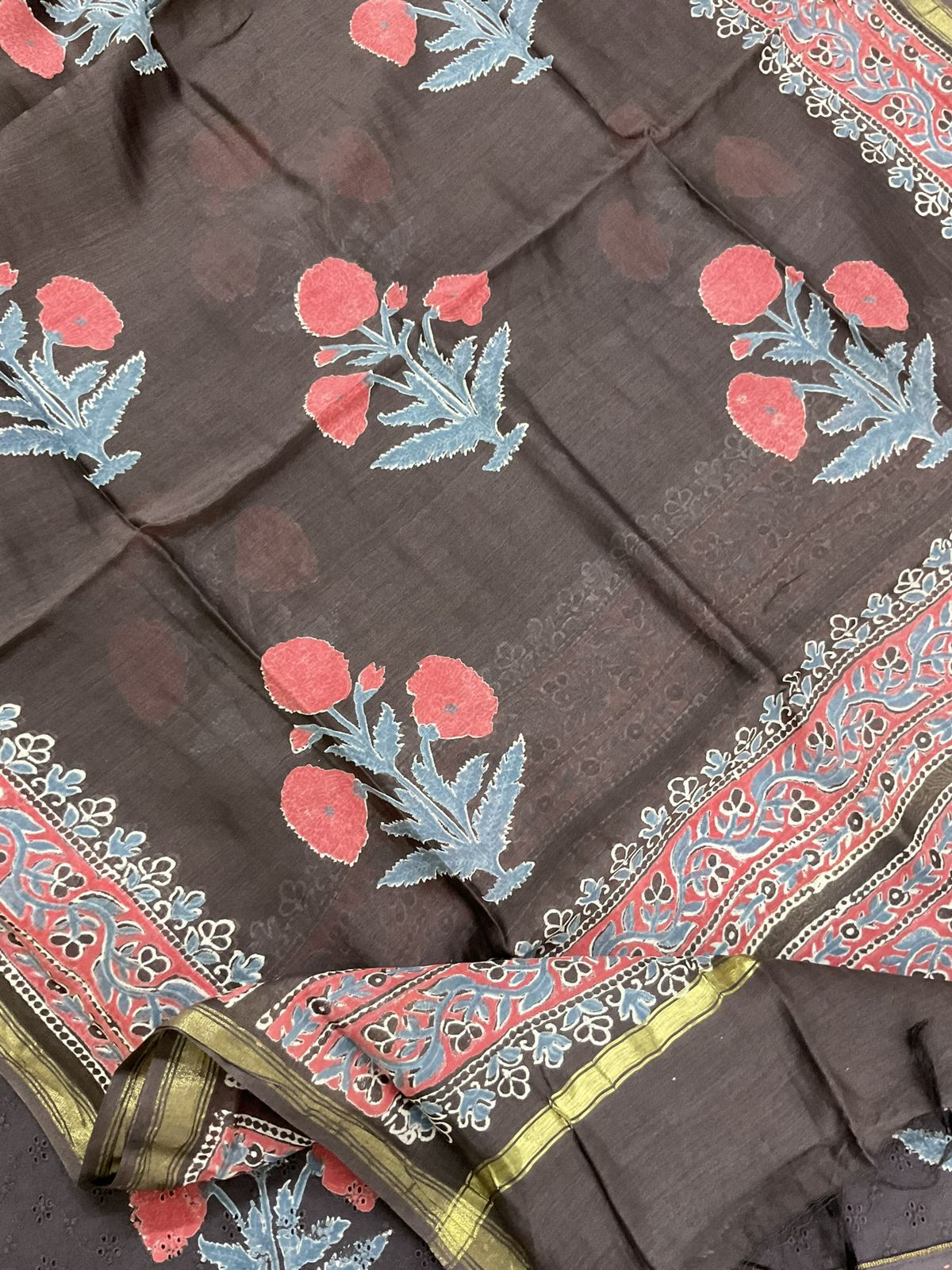 Pure Hakoba Cotton Printed Embroidered Suit - Brown