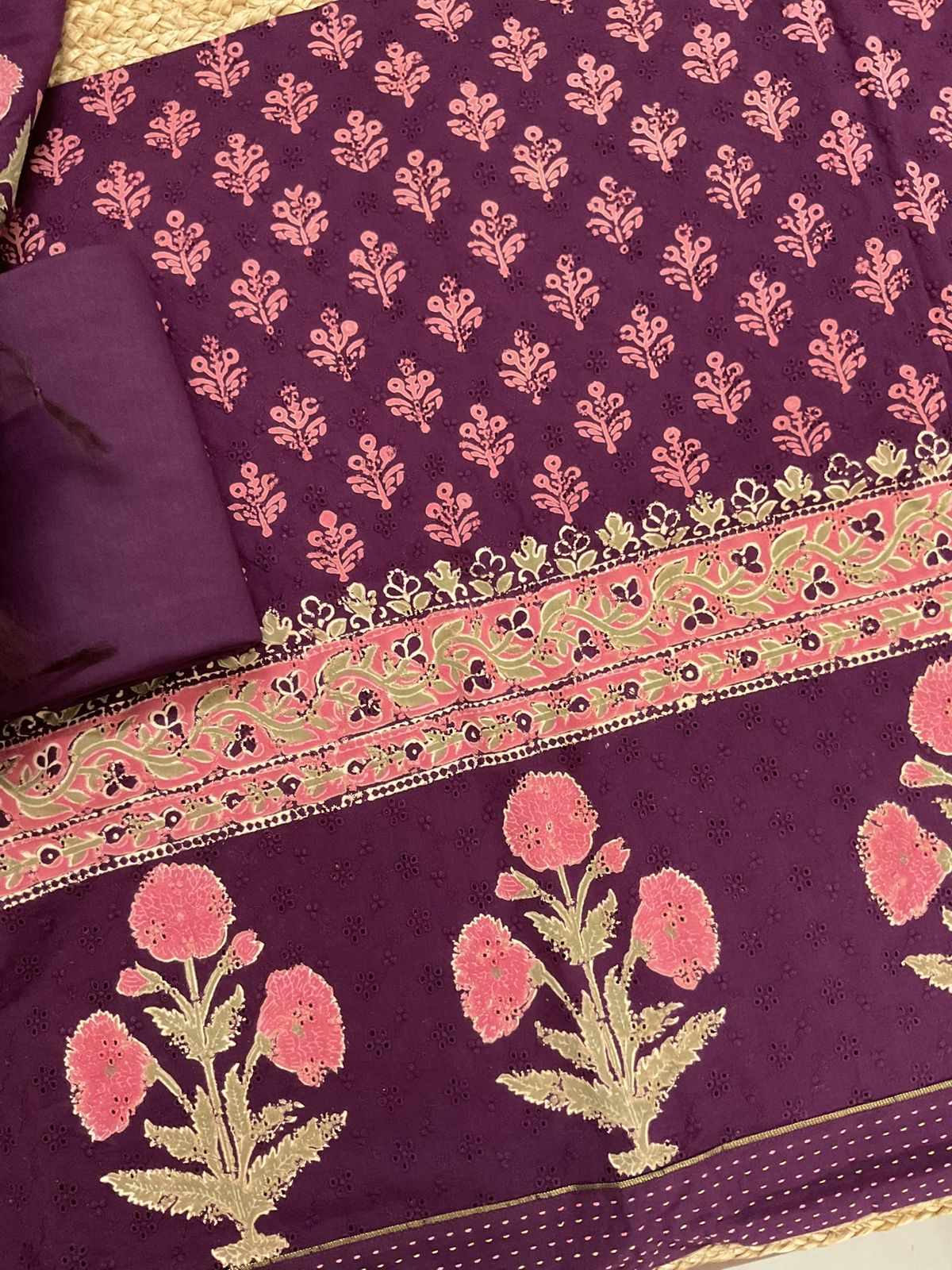 Pure Hakoba Cotton Printed Embroidered Suit - Wine