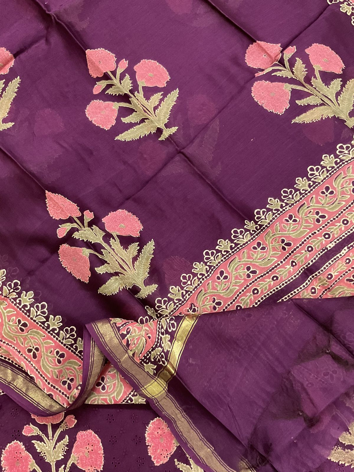 Pure Hakoba Cotton Printed Embroidered Suit - Wine