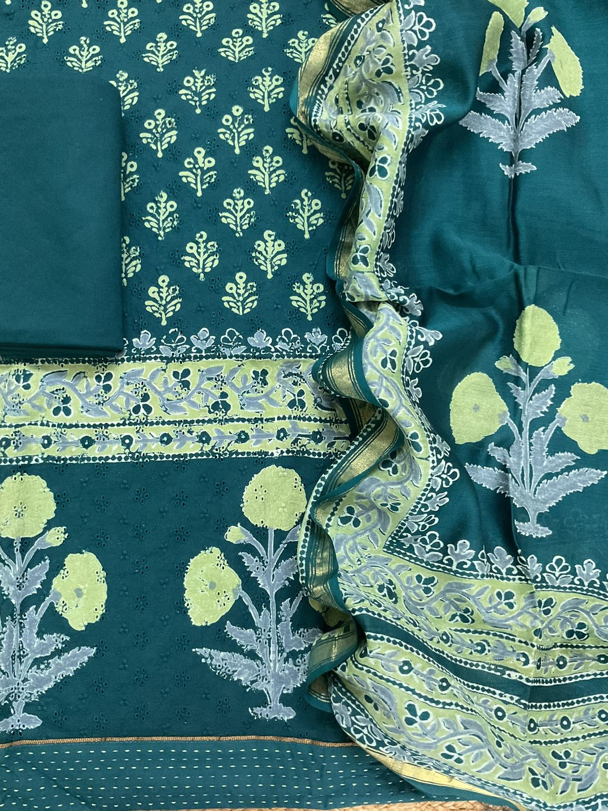 Pure Hakoba Cotton Printed Embroidered Suit - Green