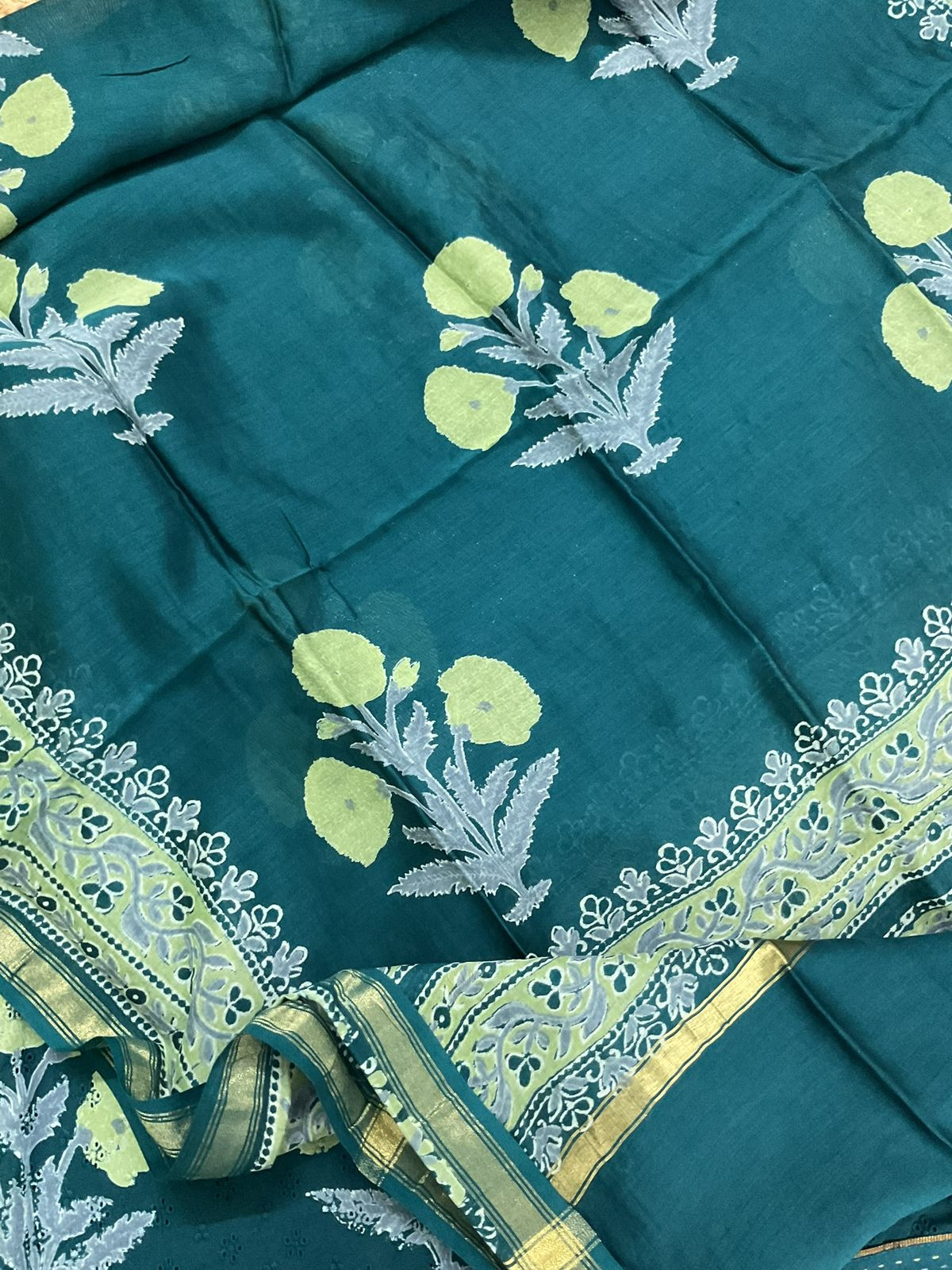 Pure Hakoba Cotton Printed Embroidered Suit - Green