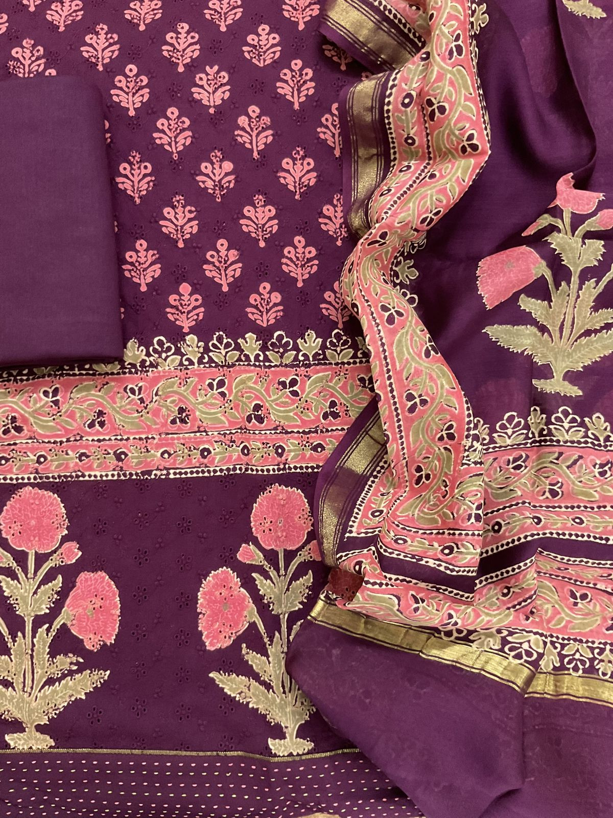 Pure Hakoba Cotton Printed Embroidered Suit - Wine