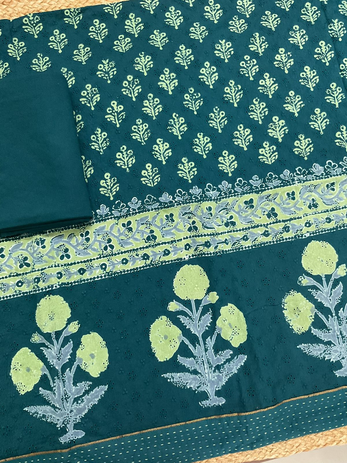 Pure Hakoba Cotton Printed Embroidered Suit - Green