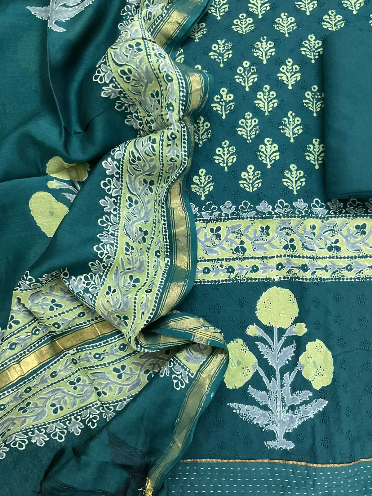 Pure Hakoba Cotton Printed Embroidered Suit - Green