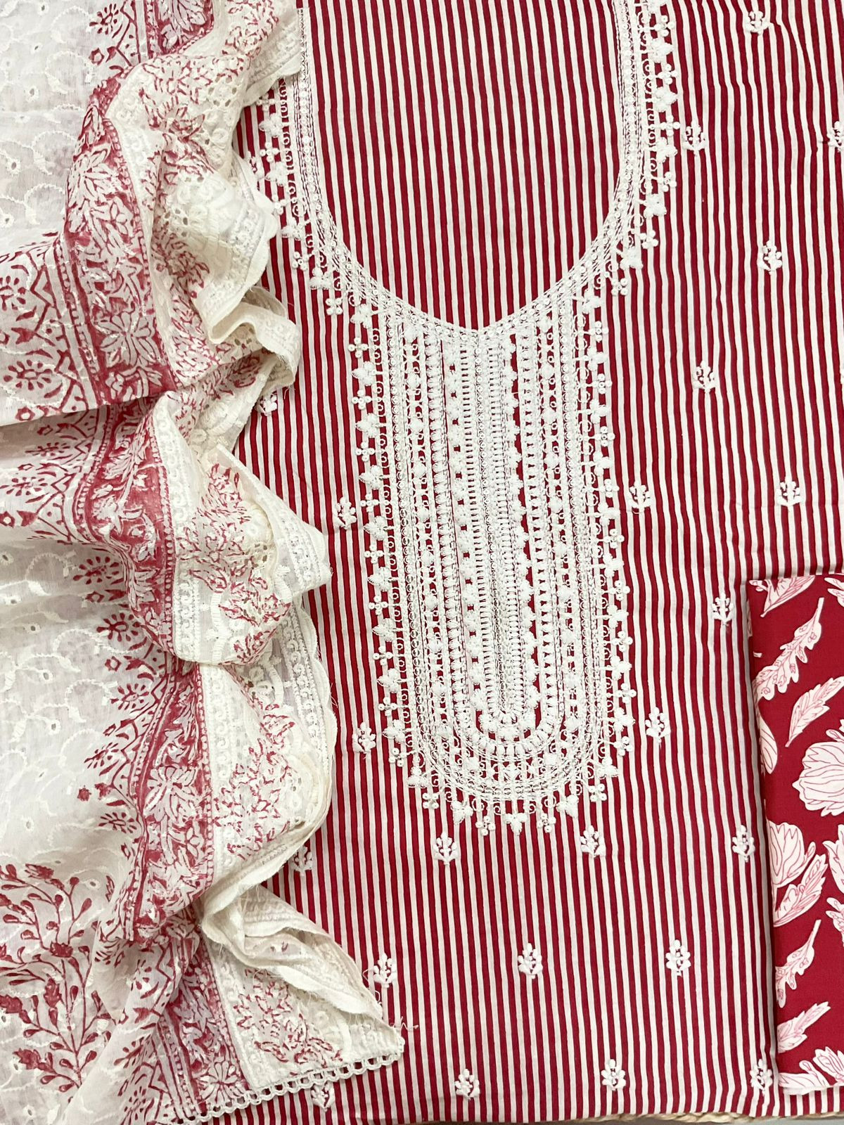 Pure Cotton Printed Embroidered Suit - Red