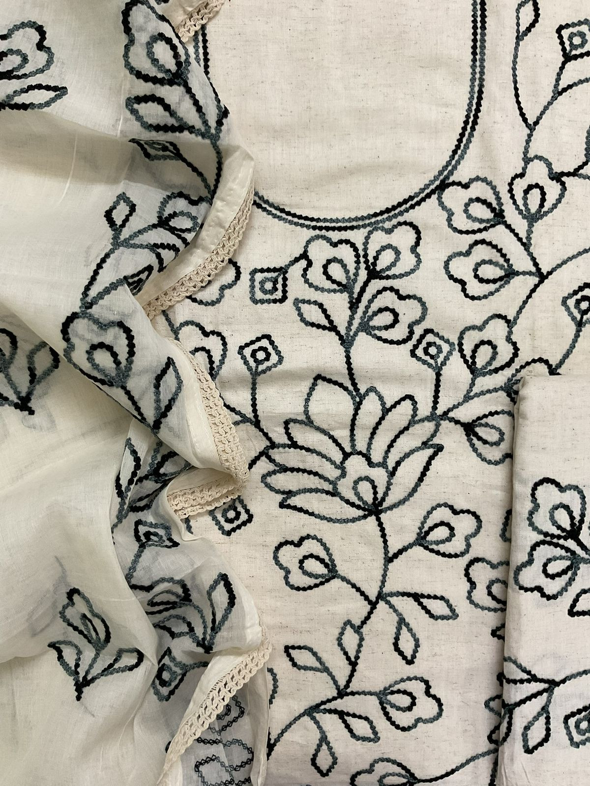 Pure Khadi Cotton Embroidered Suit - Cream