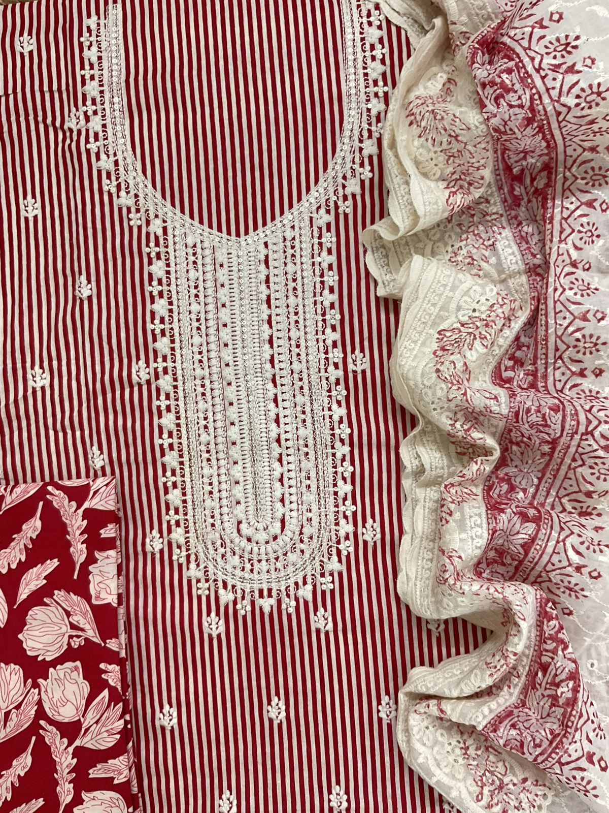 Pure Cotton Printed Embroidered Suit - Red