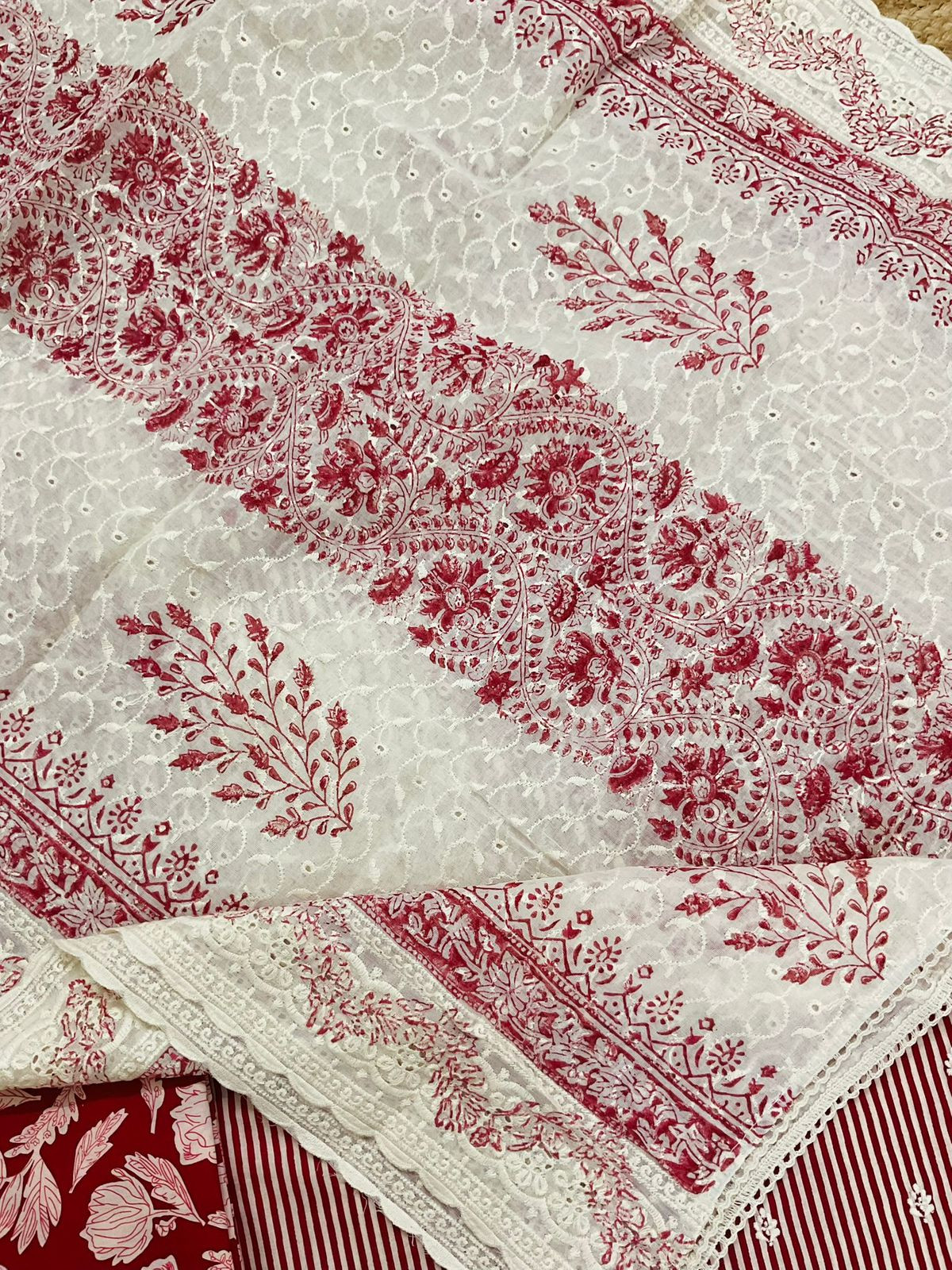 Pure Cotton Printed Embroidered Suit - Red