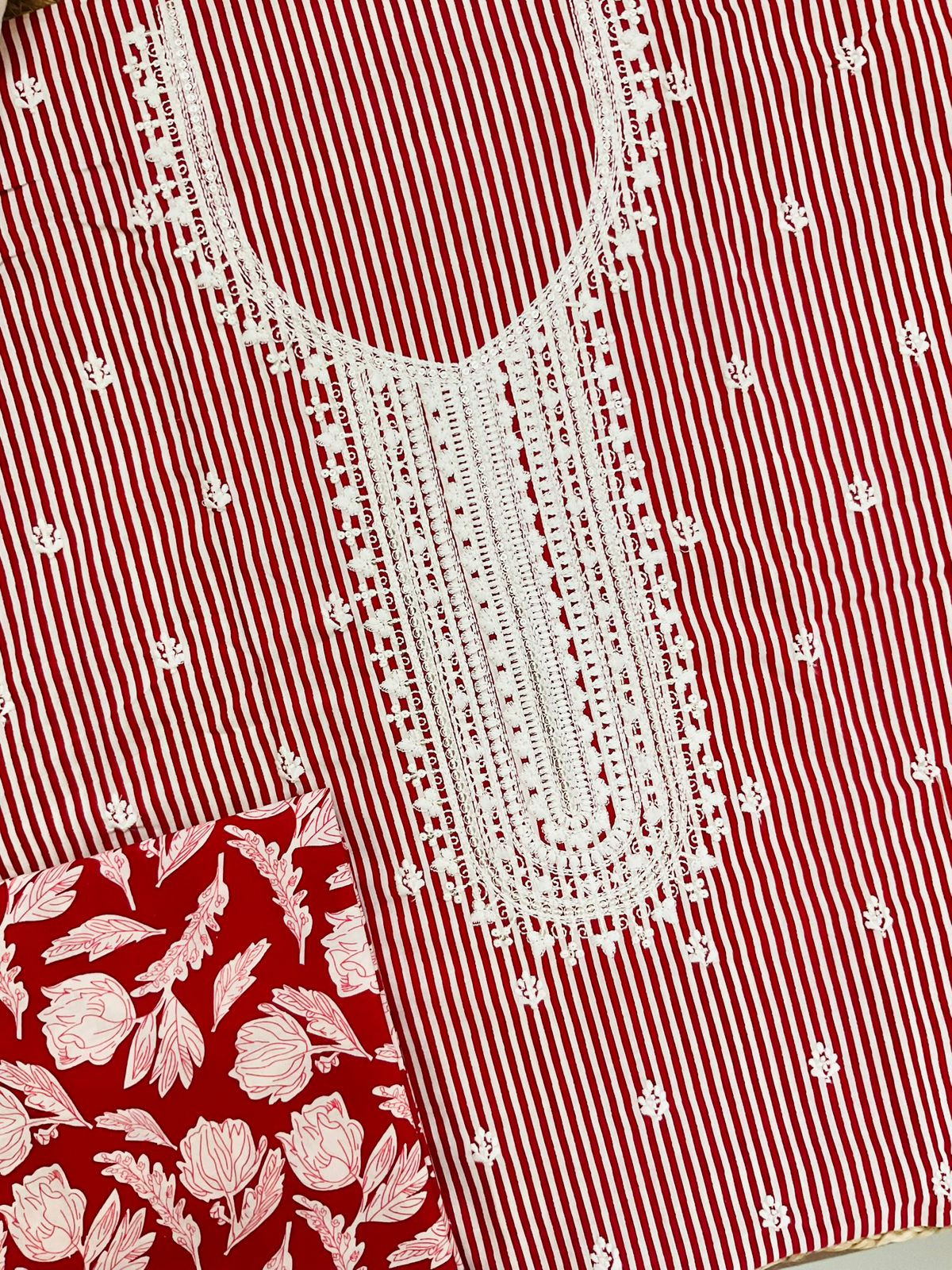 Pure Cotton Printed Embroidered Suit - Red