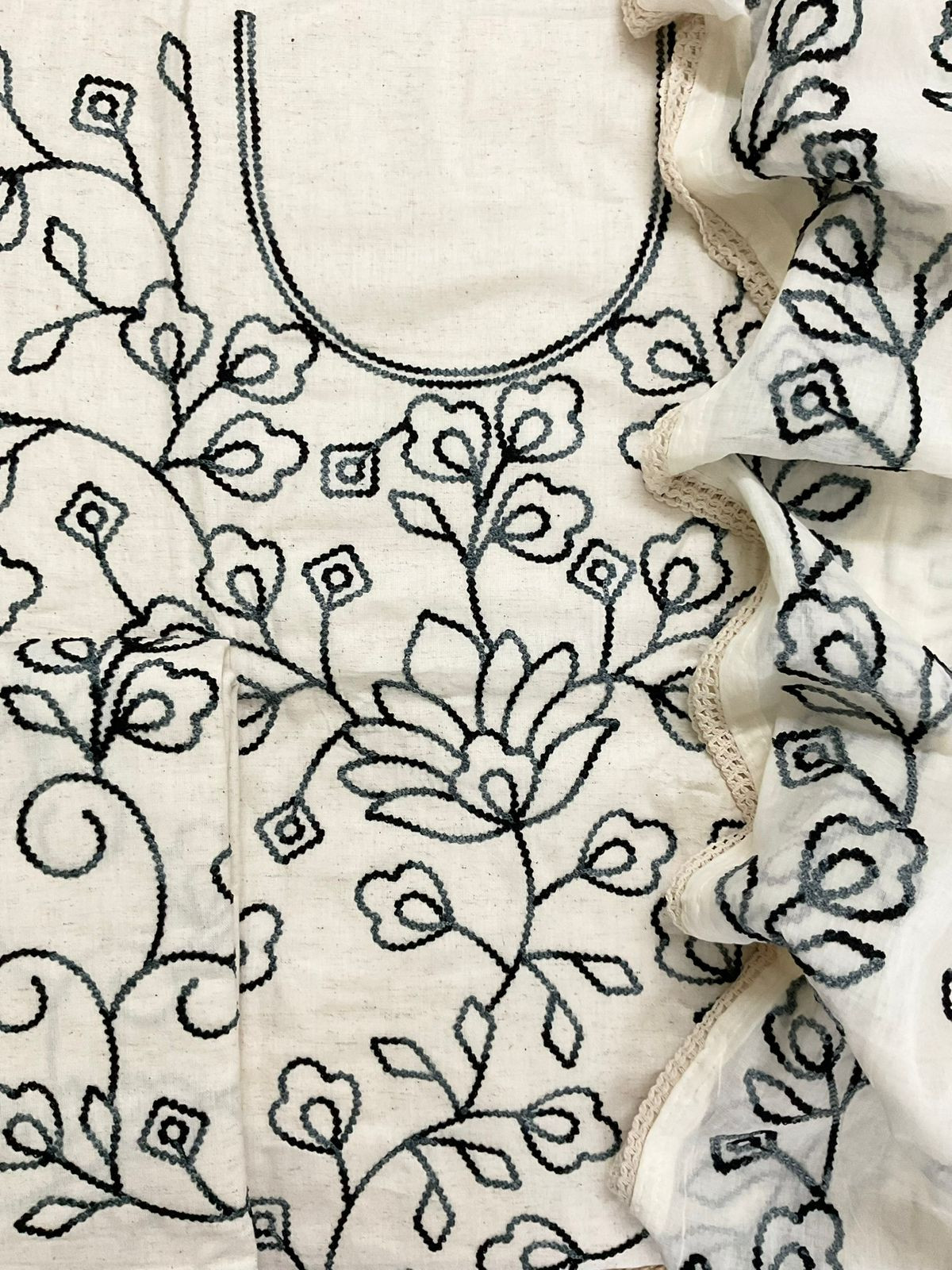 Pure Khadi Cotton Embroidered Suit - Cream
