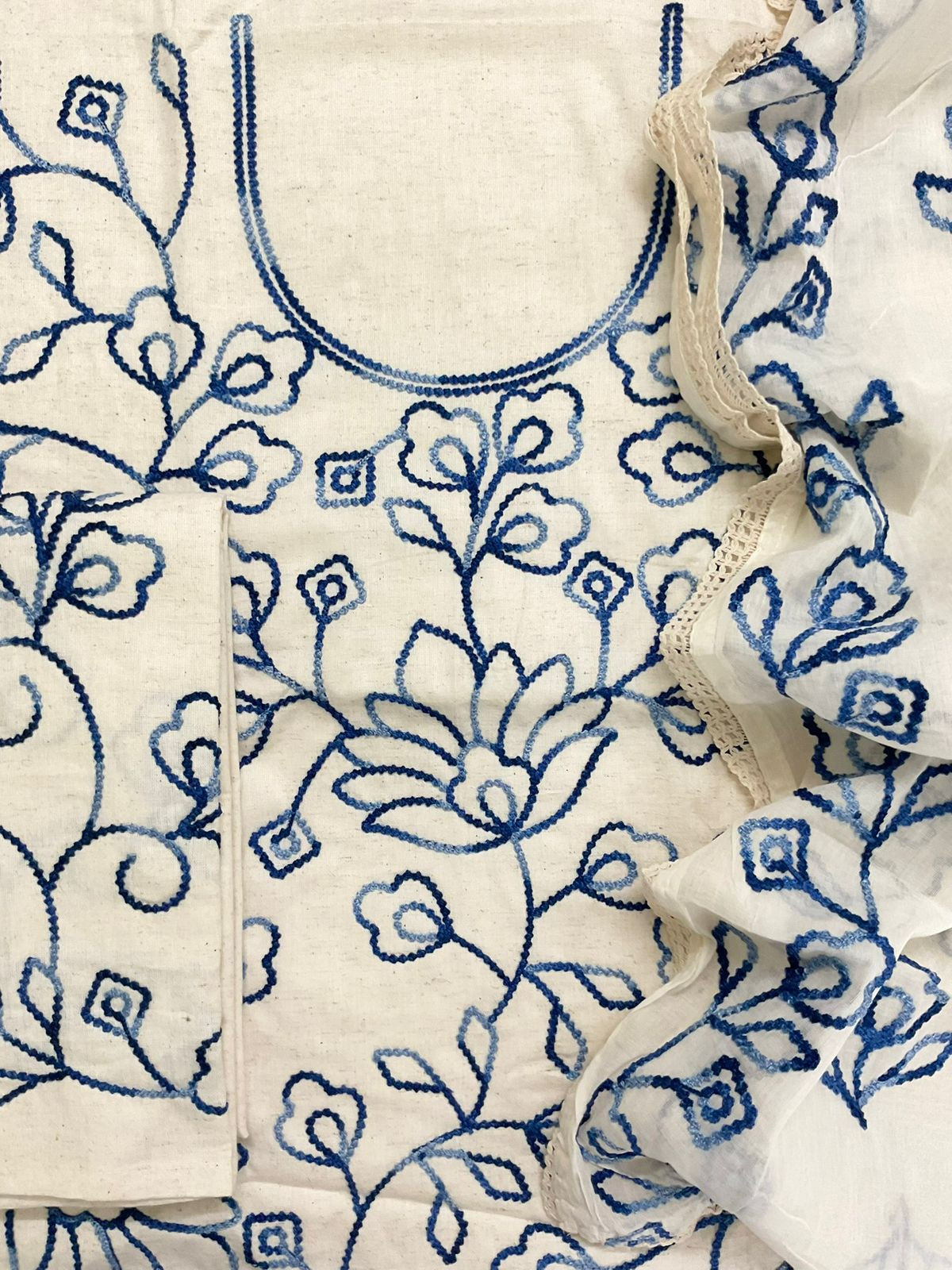 Pure Khadi Cotton Embroidered Suit - Cream