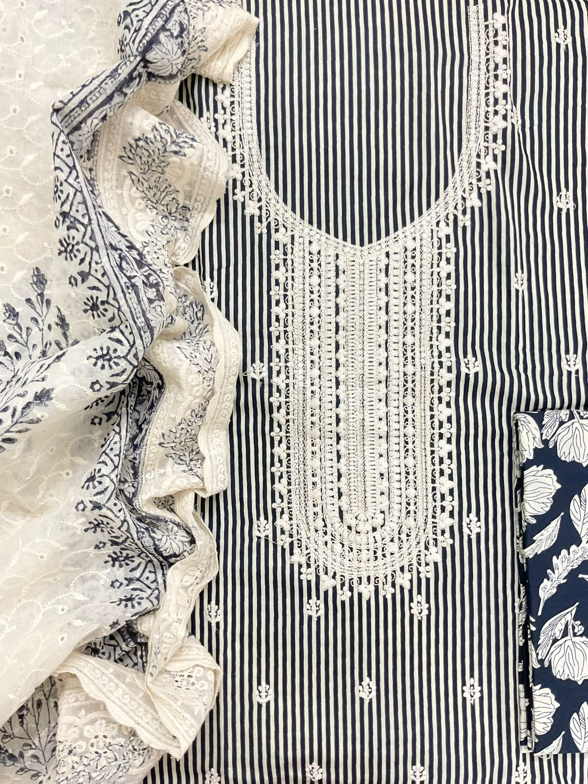Pure Cotton Printed Embroidered Suit - Dark Blue