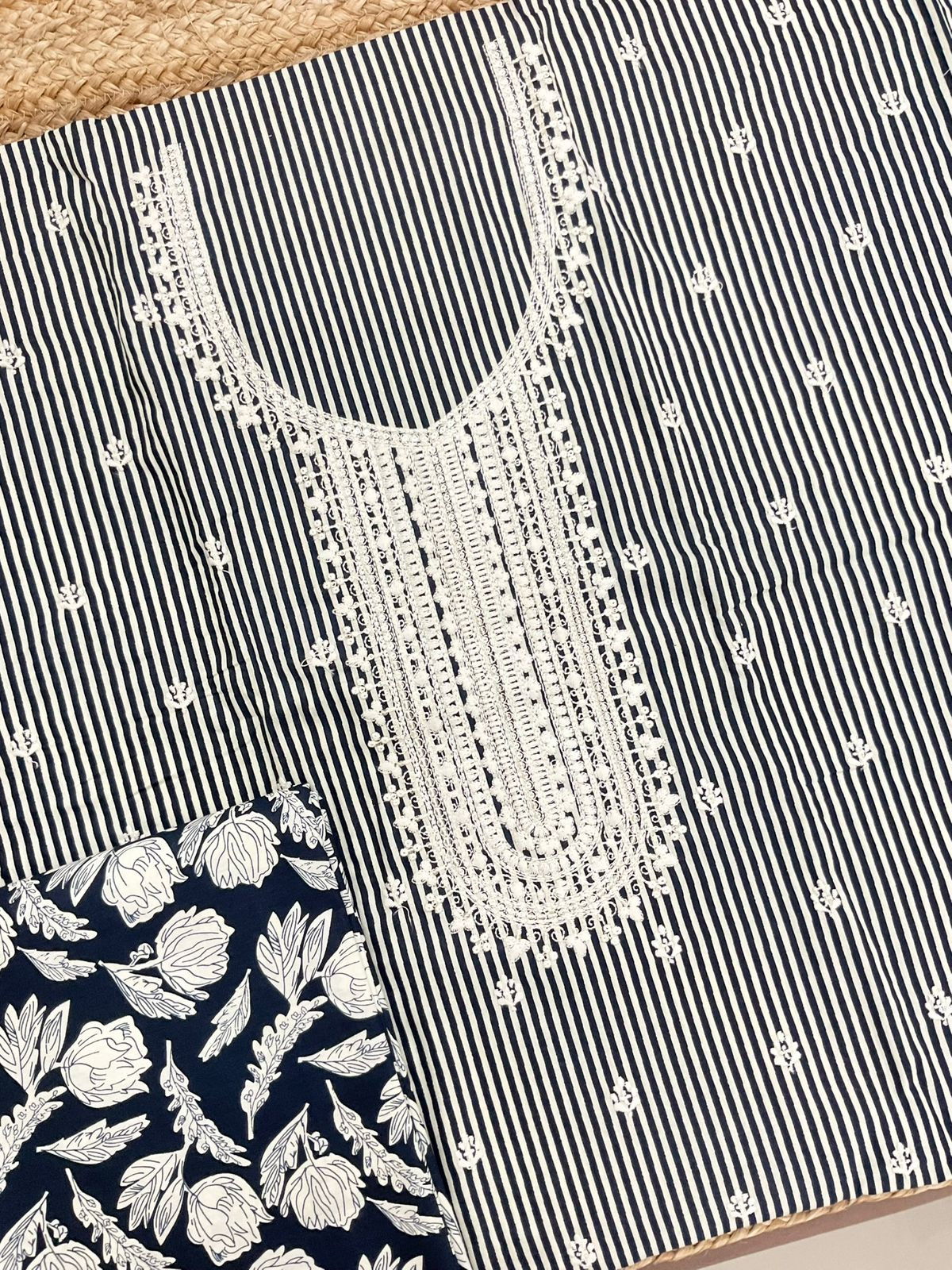 Pure Cotton Printed Embroidered Suit - Dark Blue