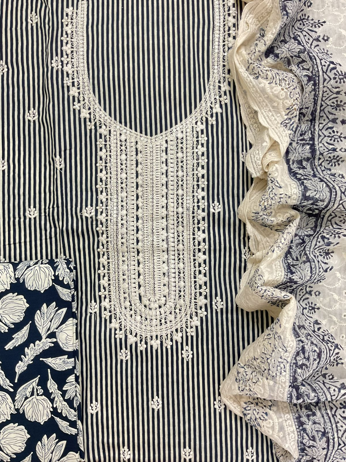 Pure Cotton Printed Embroidered Suit - Dark Blue