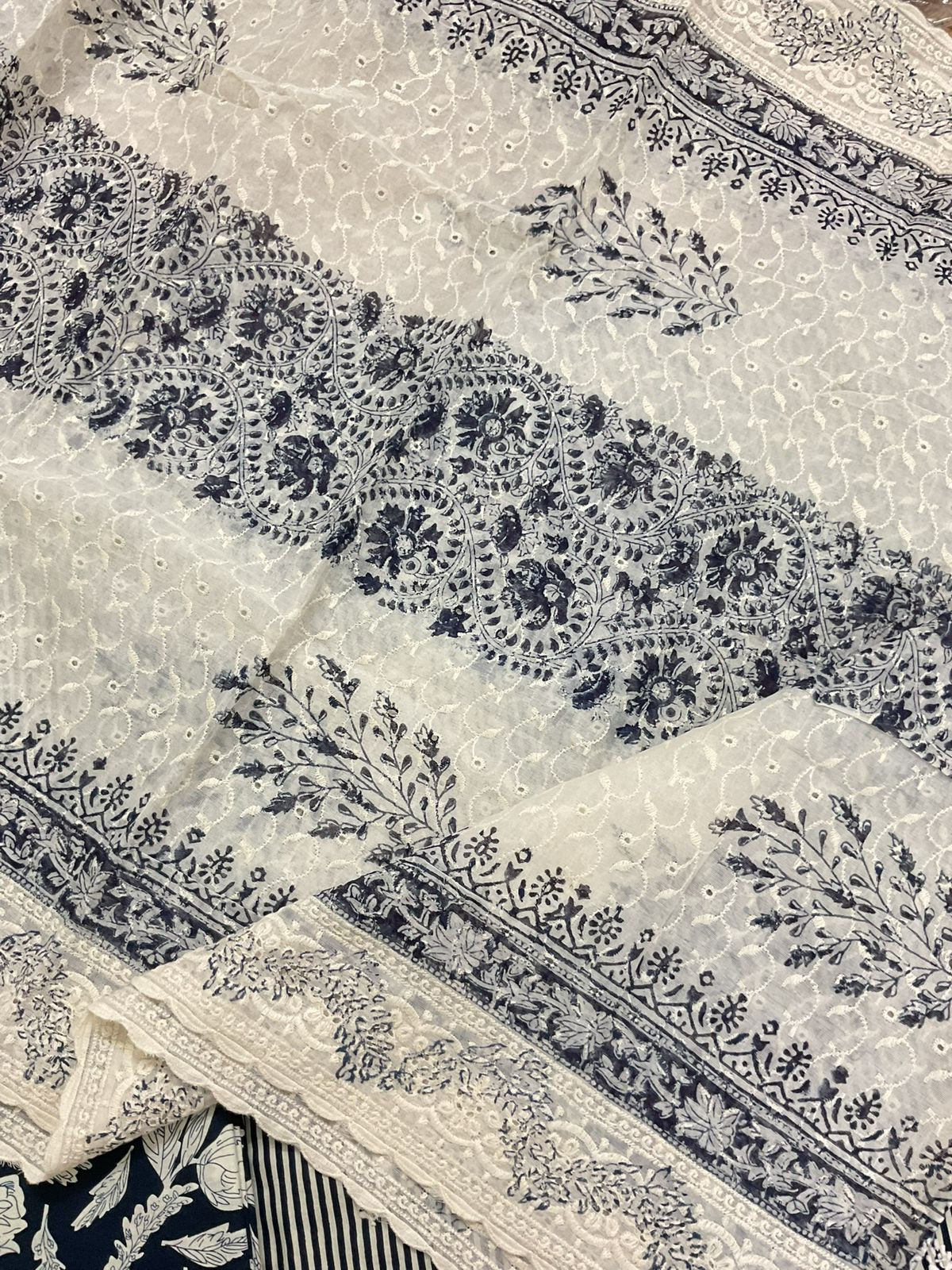 Pure Cotton Printed Embroidered Suit - Dark Blue