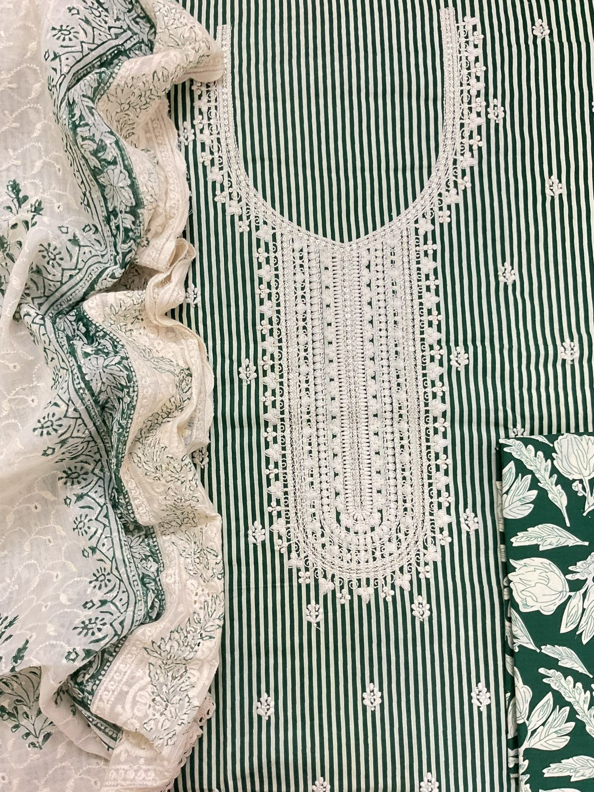 Pure Cotton Printed Embroidered Suit - Green