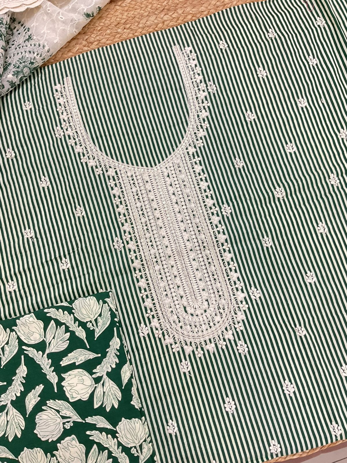 Pure Cotton Printed Embroidered Suit - Green