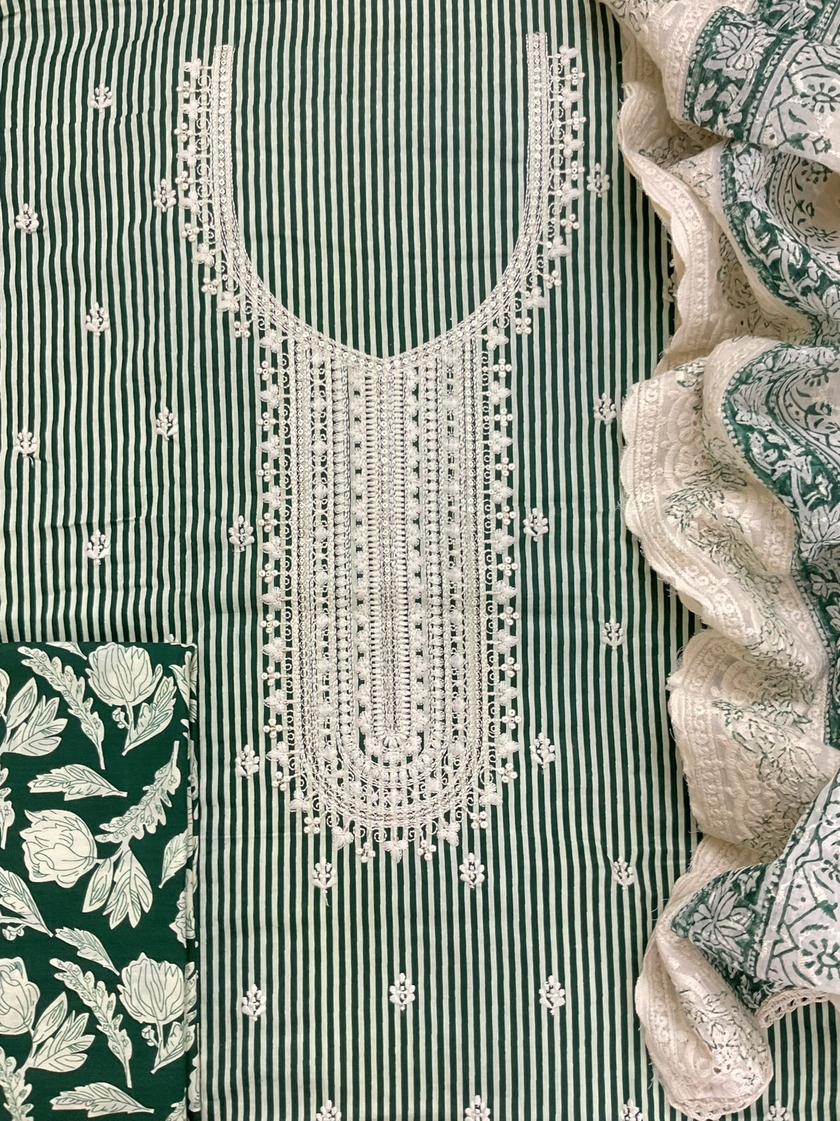 Pure Cotton Printed Embroidered Suit - Green