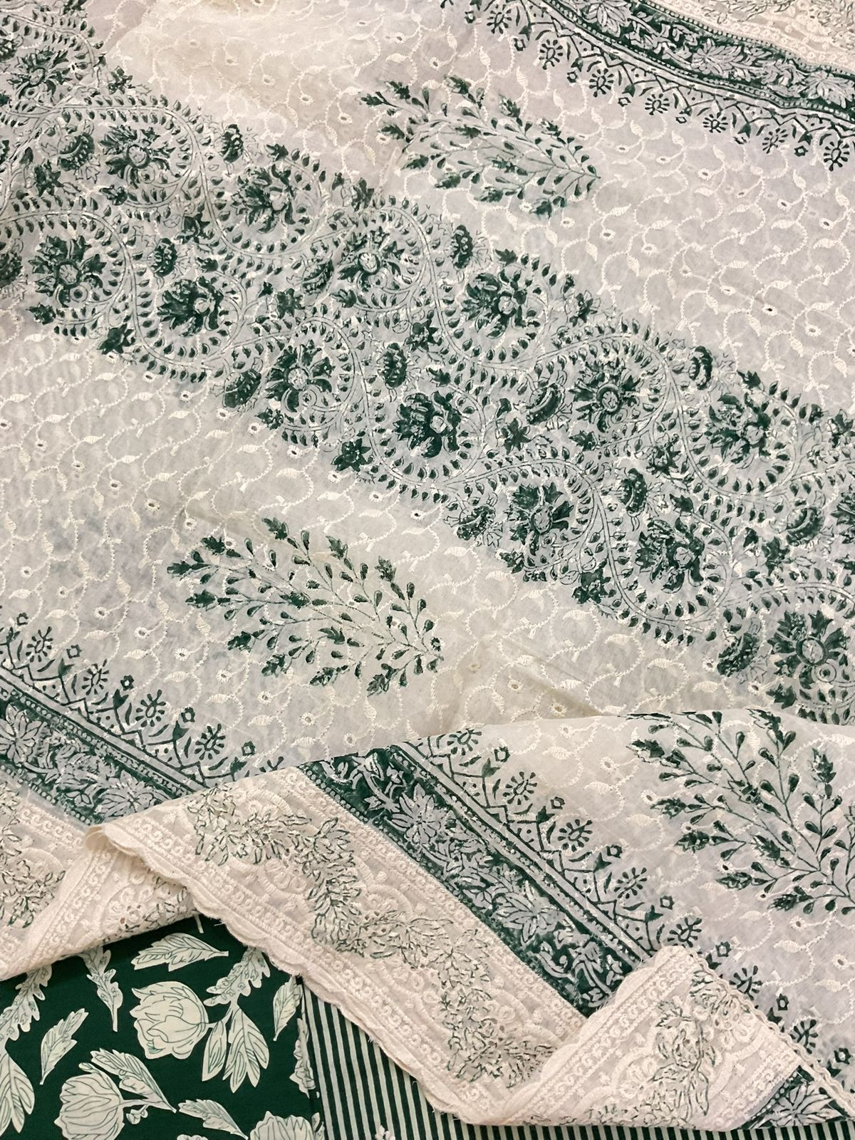 Pure Cotton Printed Embroidered Suit - Green