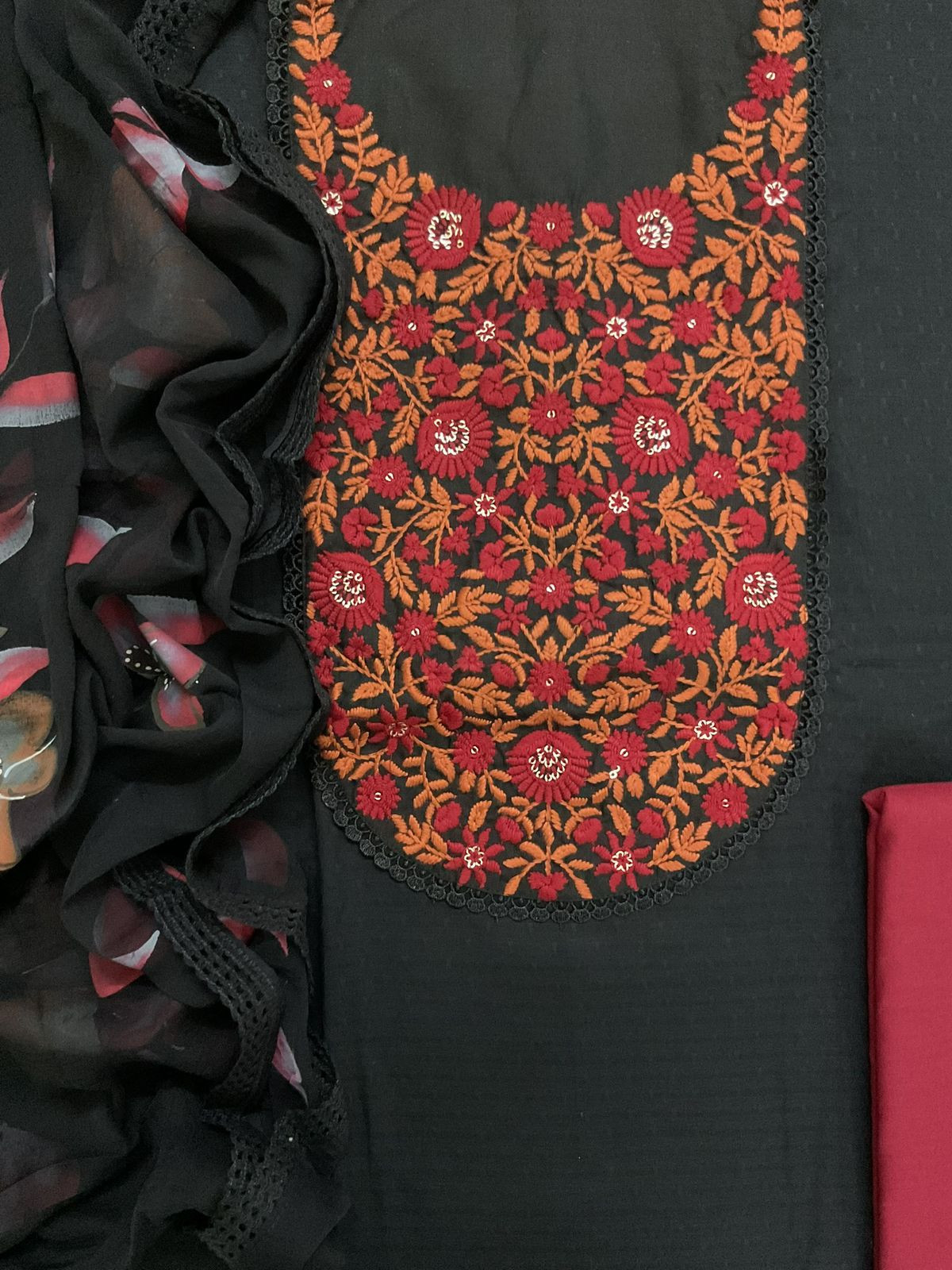 Pure Cotton Self Weaved Embroidered Brush Painted Suit - Black