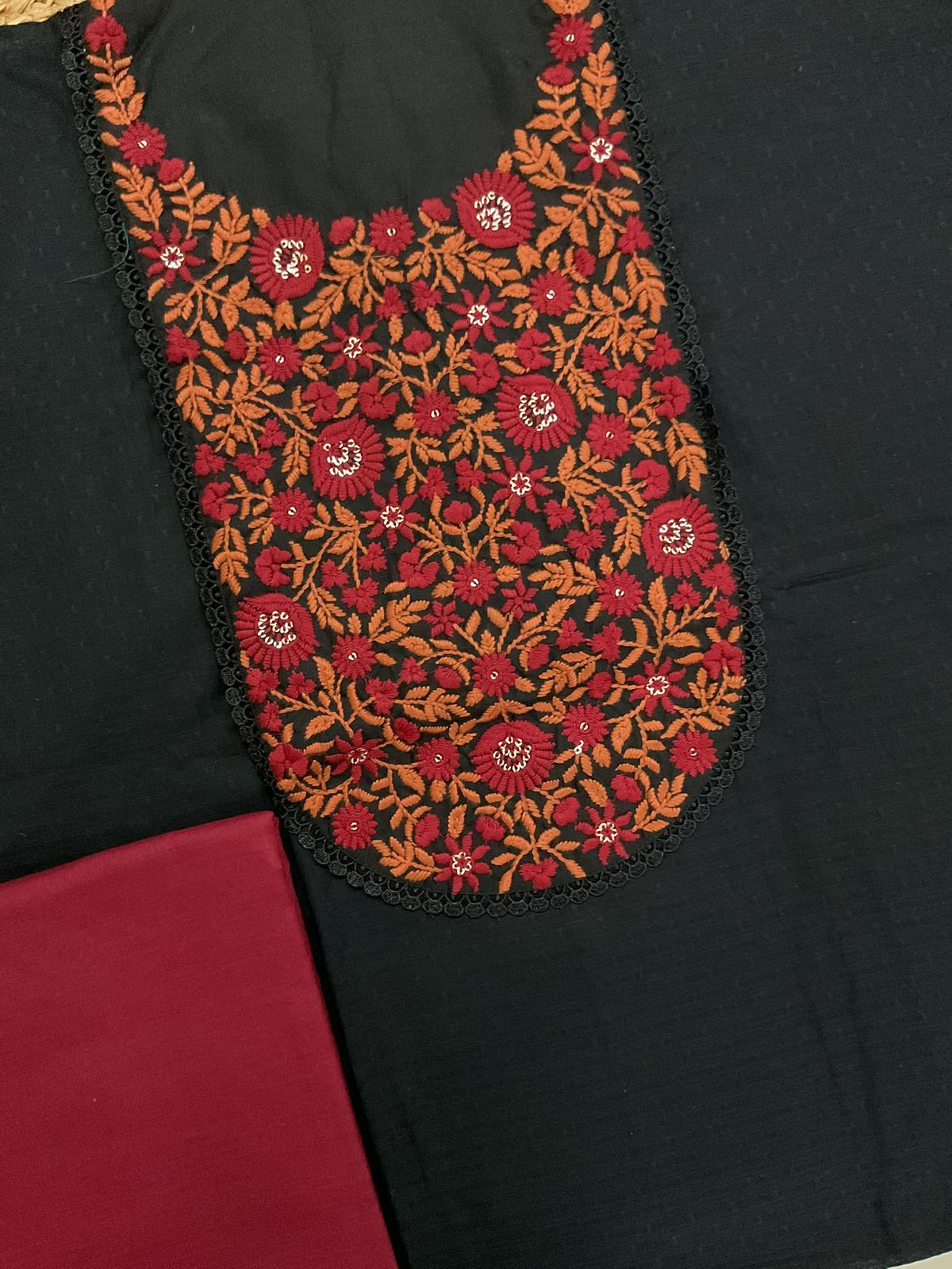 Pure Cotton Self Weaved Embroidered Brush Painted Suit - Black