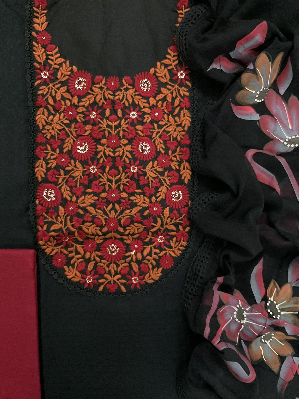 Pure Cotton Self Weaved Embroidered Brush Painted Suit - Black