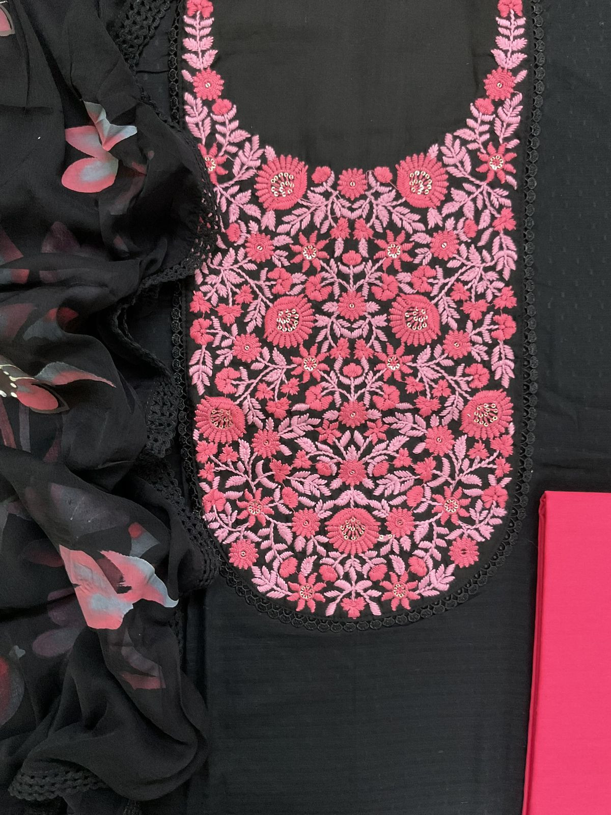 Pure Cotton Self Weaved Embroidered Brush Painted Suit - Black