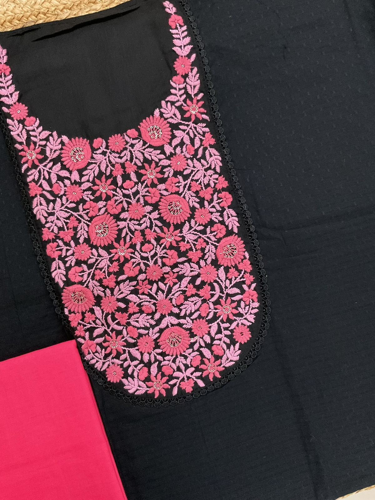 Pure Cotton Self Weaved Embroidered Brush Painted Suit - Black