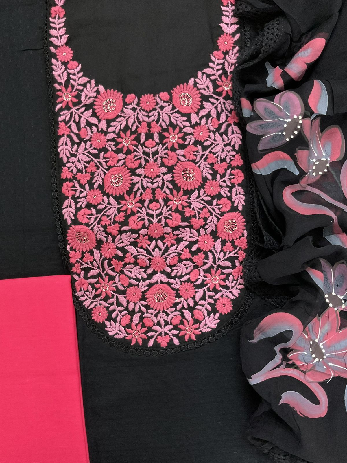 Pure Cotton Self Weaved Embroidered Brush Painted Suit - Black