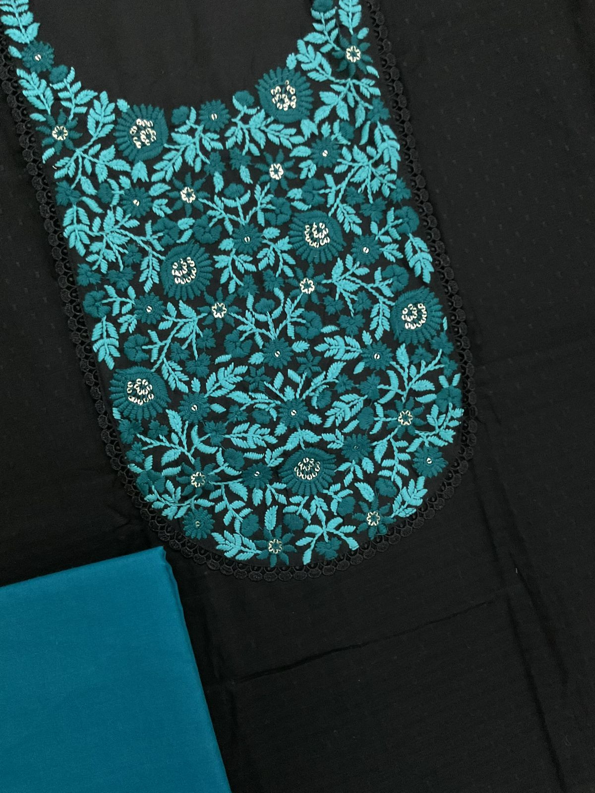 Pure Cotton Self Weaved Embroidered Brush Painted Suit - Black