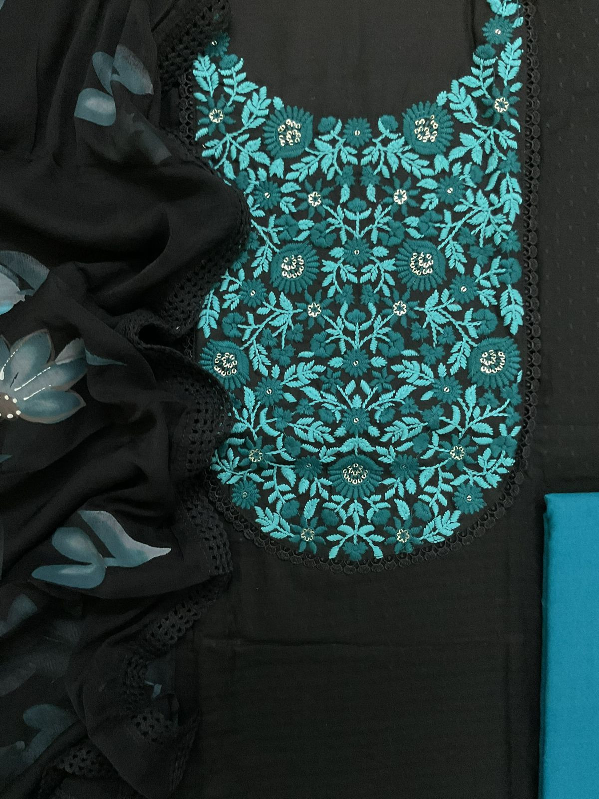 Pure Cotton Self Weaved Embroidered Brush Painted Suit - Black