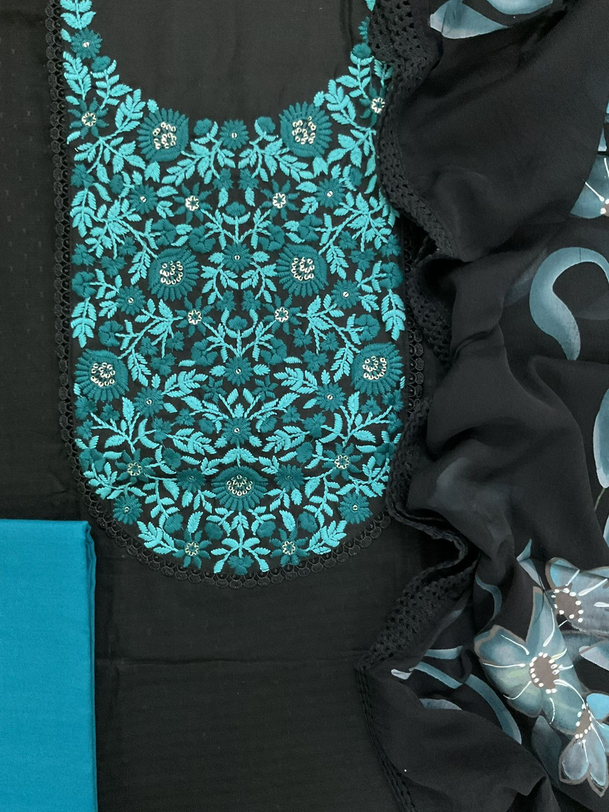 Pure Cotton Self Weaved Embroidered Brush Painted Suit - Black